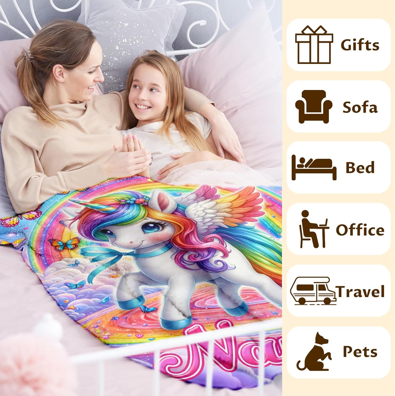 Blankets for Kids Girls Teens Unicorn Lovers Gift for Christmas, Custom 60x50 Inches Cozy Comfort Rainbow Unicorn Blankets Throws with Name for Bed Couch Living Room Decor