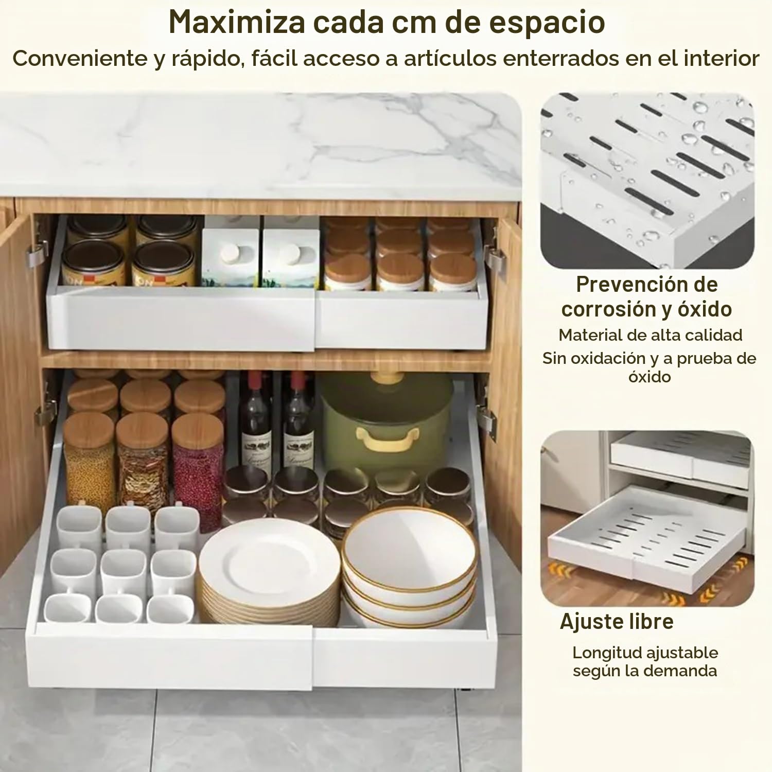 Paquete de 2 Cajones Extraibles para Cocina,Cajón Telescópico,bandeja extraible armario cocina(32-52 Cm)Organizador De Cocina,Para Guardar Utensilios De Cocina Corredero Sin Taladrar(Blanco)