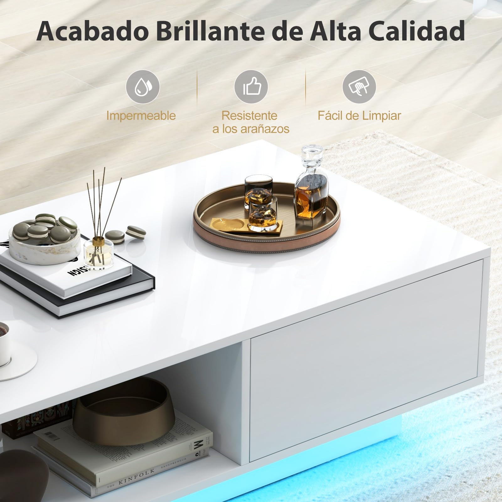 COSTWAY Mesa de Centro con 20 Colores de Luces LED, Mesa Moderna Rectangular con Control Remoto, Mesa Inteligente de Cóctel con Cajón y Estante Abierto, Mesa de Centro para la Sala de Estar (Blanco)