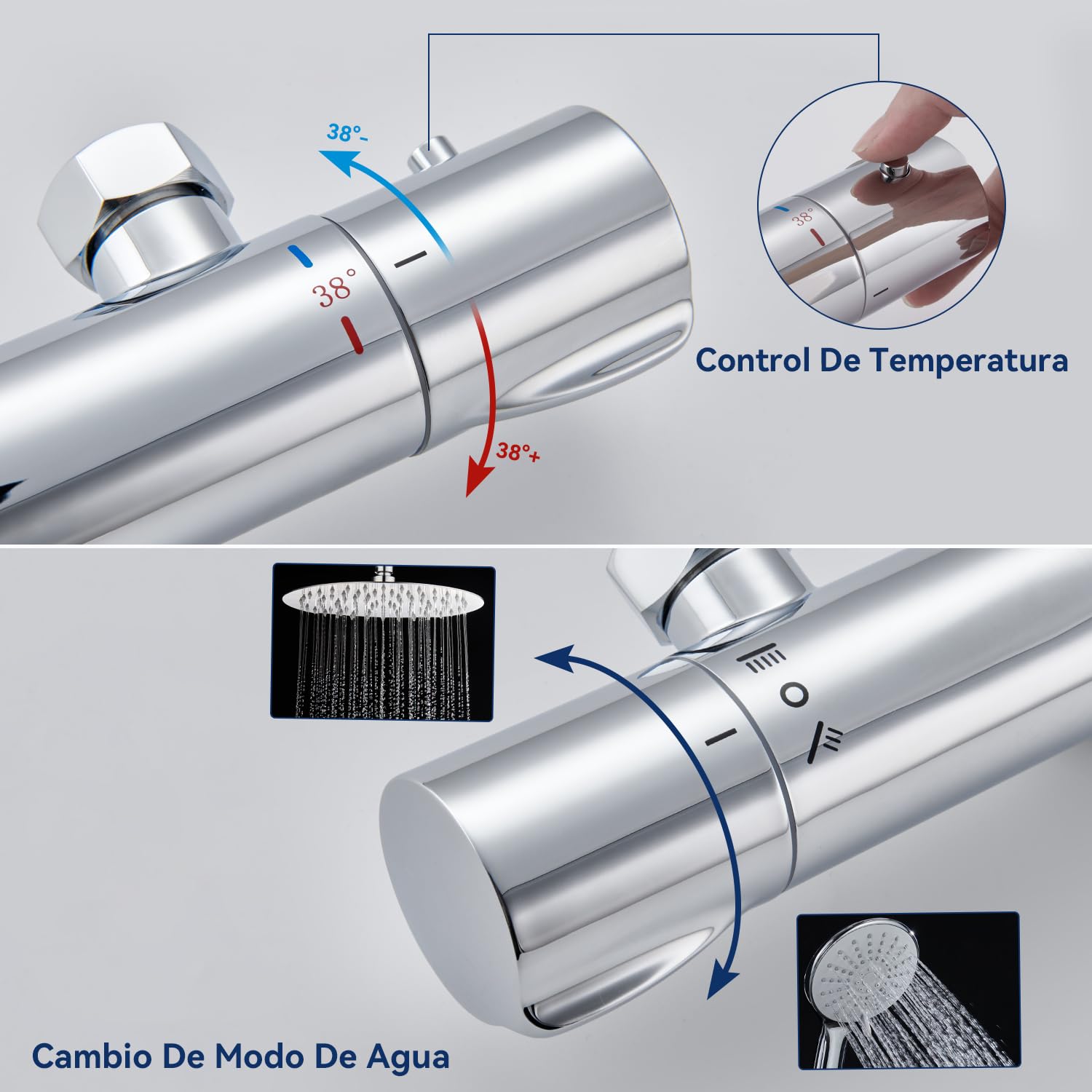Mezclador Termostático de Ducha con 2 Salidas, Mezclador de Ducha y Grifo de Baño, Salida Superior 3/4" BSP (26.4mm) y Salida Inferior 1/2" BSP (21mm), Redondo Cromado