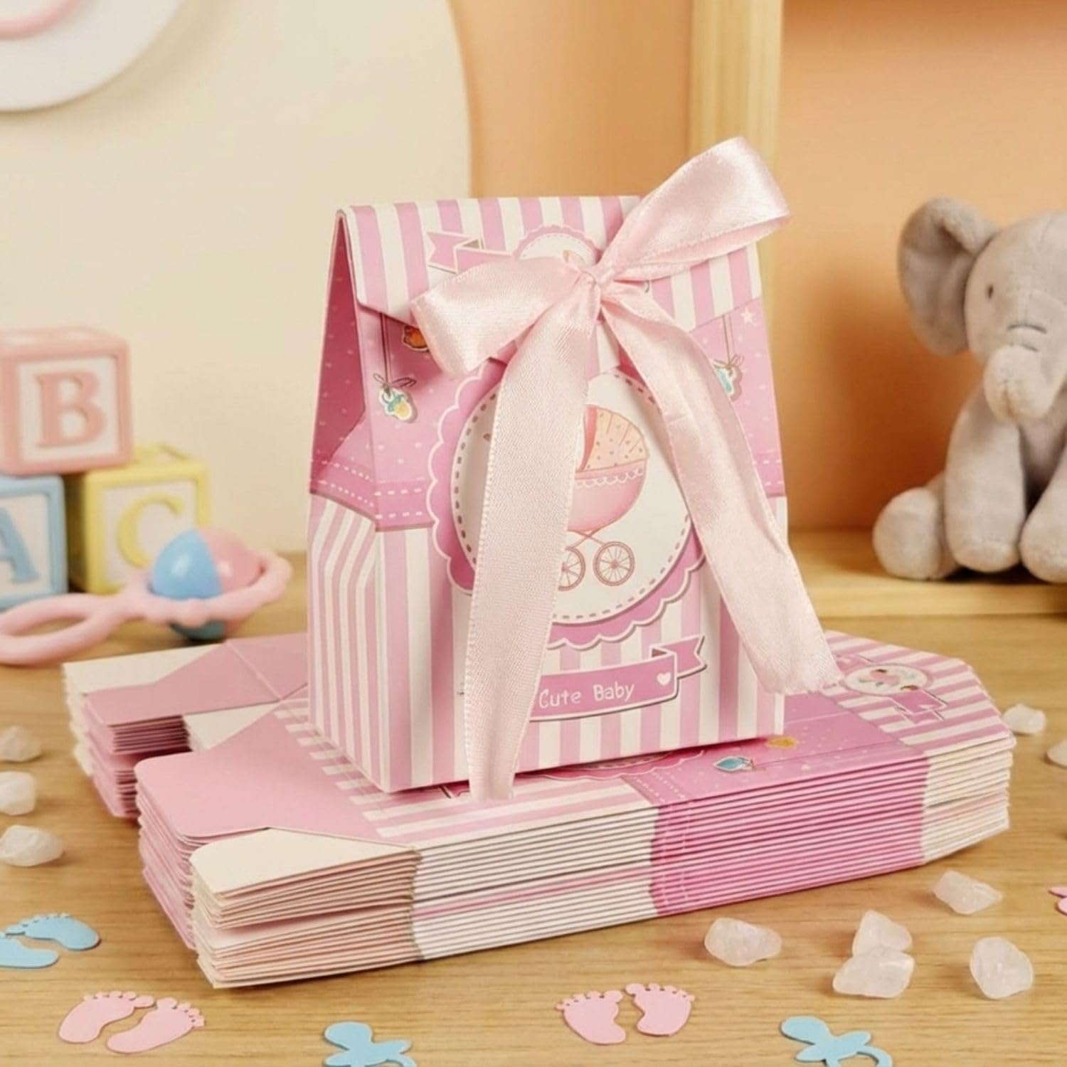 FunBlast 10 Pcs Small Baby Shower Gift Box with Ribbon, Decorative Paper Folding Gift Boxes, Perfect for Return Gifts, Birthday Parties, Kids’ Gifting, Chocolates, & Small Item Packaging (Pink)-image-8