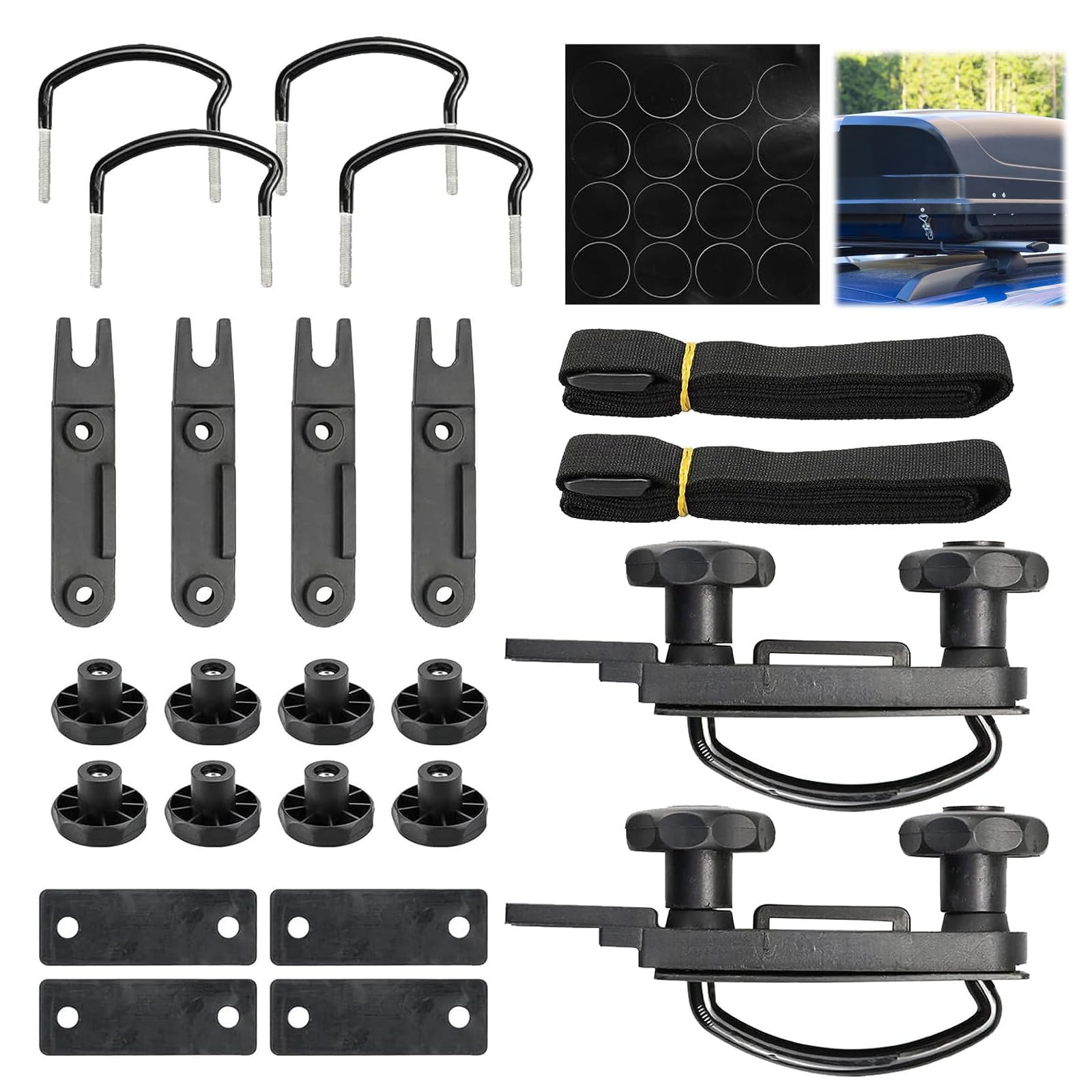 Puedno 4 Stück Dachbox Befestigung U Bügel, Universal Dachbox Halterung Befestigung, Auto Van Montage Fitting, U-Bügel Installationszubehör mit 8 Sicherungsmuttern 2 Bandagen Punktaufkleber