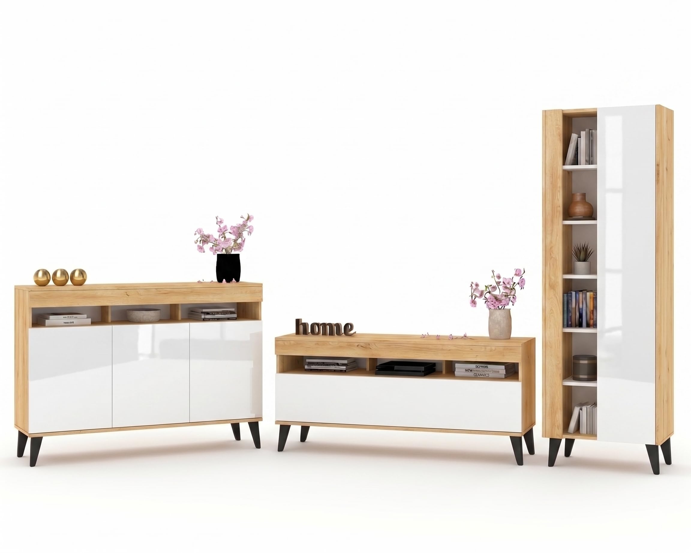 Euro Style Große Kommode Fernsehschrank Sideboard 120cm Skandi Golden Eiche/Weiß Hochglanz