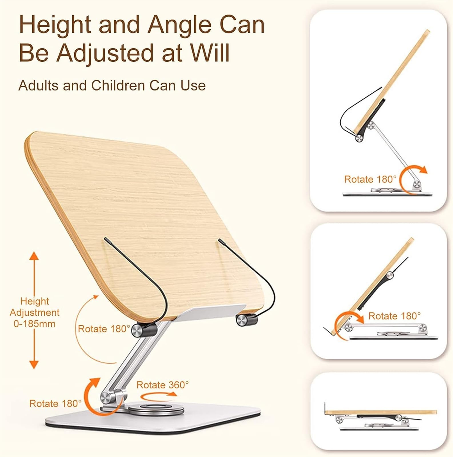 Atril para Lectura, Soporte de Madera para Libros, Soporte para portátil de Altura Ajustable, rotación multiángulo, para lectores, Estudiantes y niños