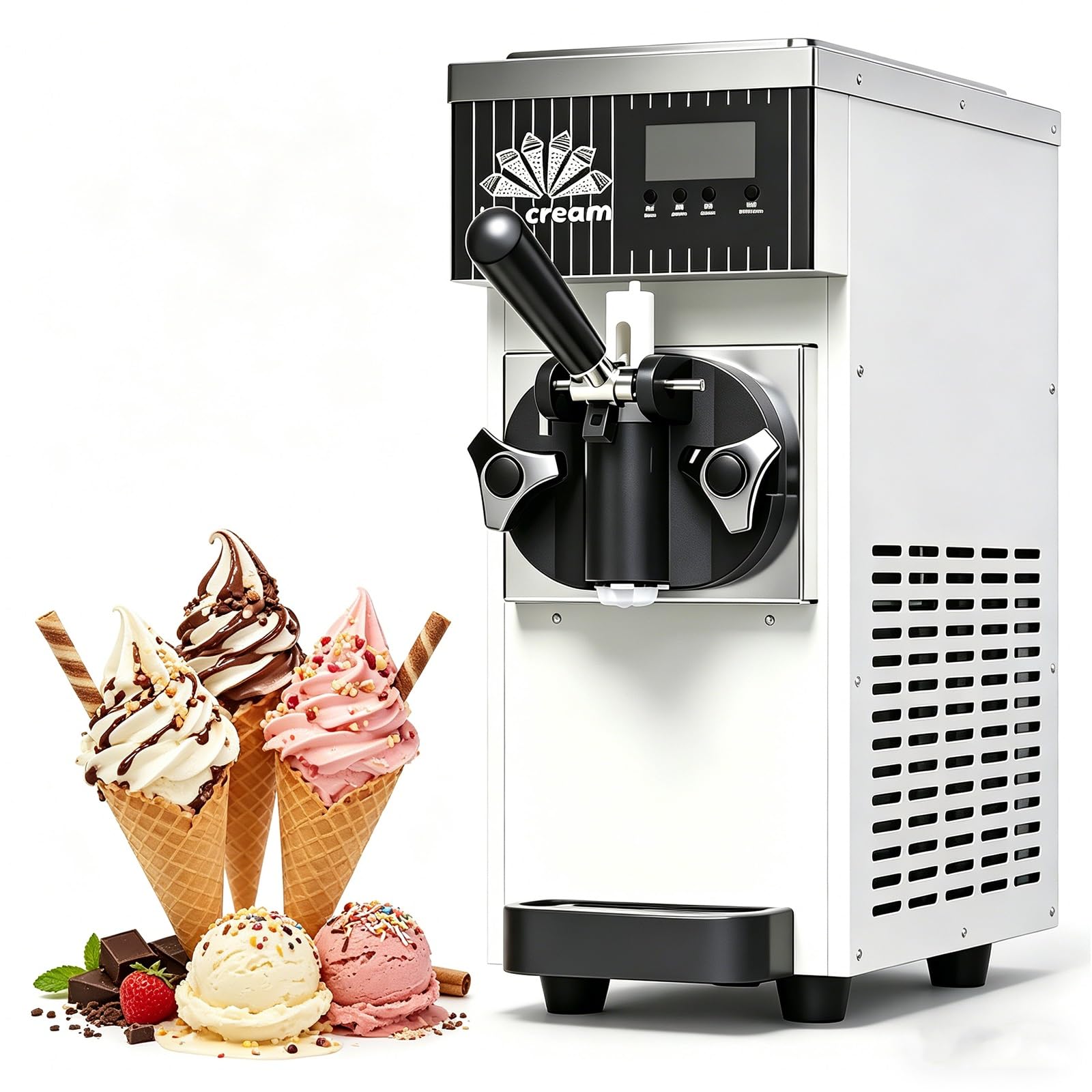 Macchina Da Banco Per Gelato Soft 450w Gelatiera Rapida Raffreddamento Veloce (Gusto Singolo) Capacità 2.5l Display Lcd Screen Elevata Produttività Ideale Per Ristoranti E Pasticcerie(White)