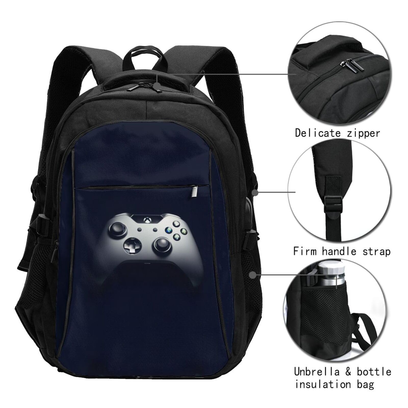Zaino per computer portatile con motivo controller di gaming/antifurto, da 13 a 16 pollici, con ricarica USB e porta per cuffie, resistente all'acqua, per lavoro, università, scuola, computer