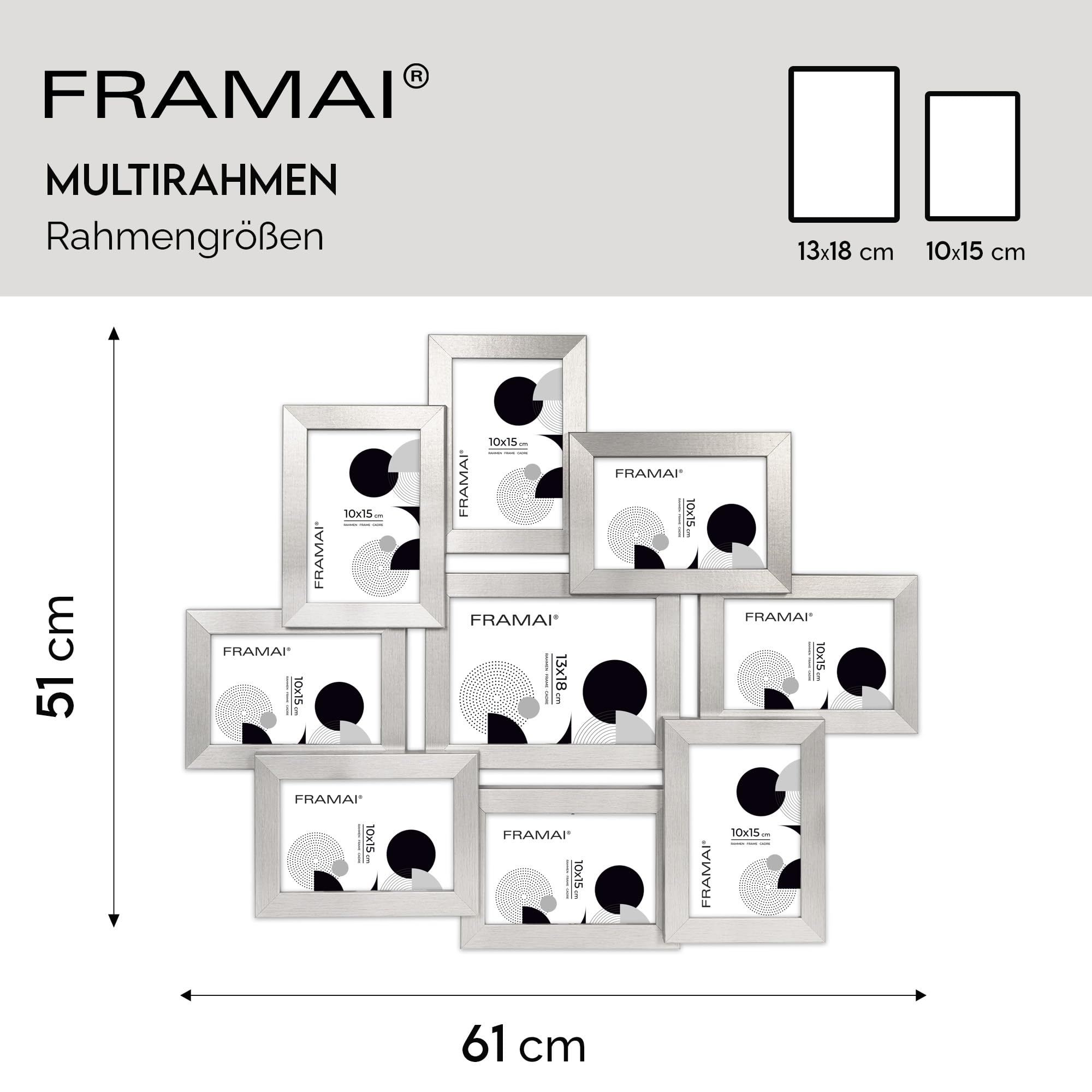 Multirahmen für 9 Fotos – Bilderrahmen Collage aus MDF Holz mit bruchsicherem Plexi – Modern & vielseitig – Hergestellt in der EU – Silber