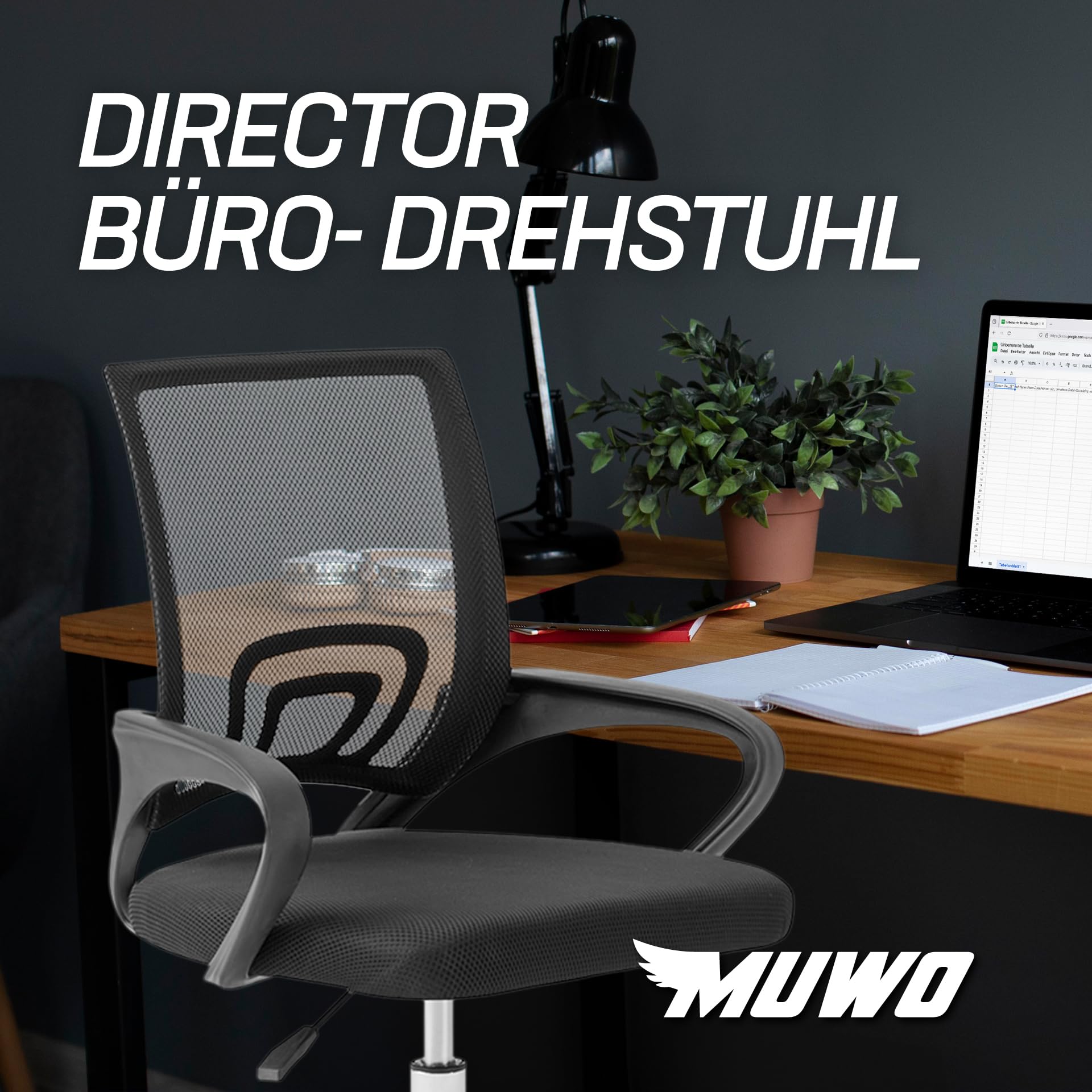 MUWO Director - Sedia girevole da ufficio, ergonomica, regolabile in altezza, tessuto a rete traspirante, piedini in metallo stabili, seduta ottimale per lavori lunghi e uffici domestici (nero)
