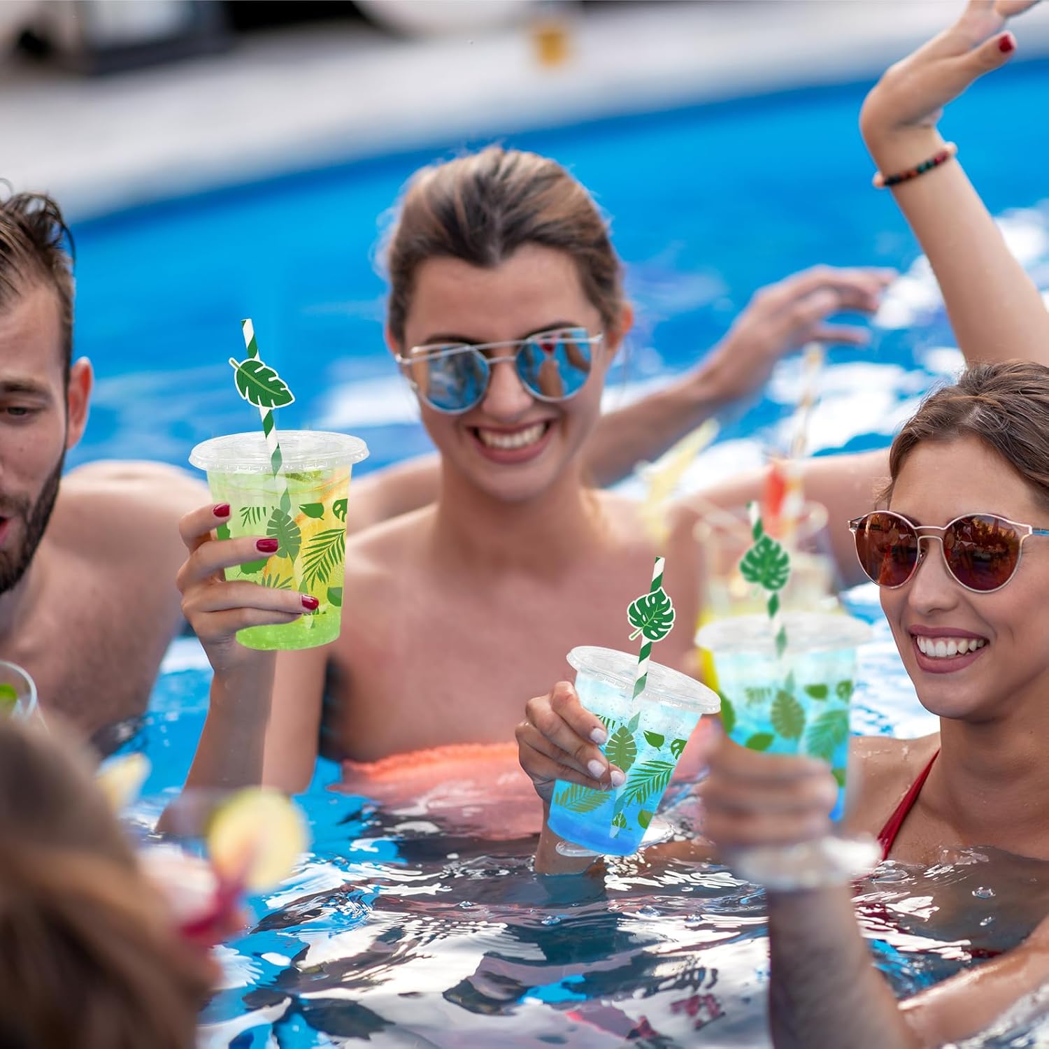 50Pcs 12Oz Tropical Palm Leaf Plastic Cups with Lids & Straws Disposable Summer Hawaii Green Monstera Clear Beverage Drinking Cups for Wedding Hawaiian Luau Birthday Party Supplies - Image 6