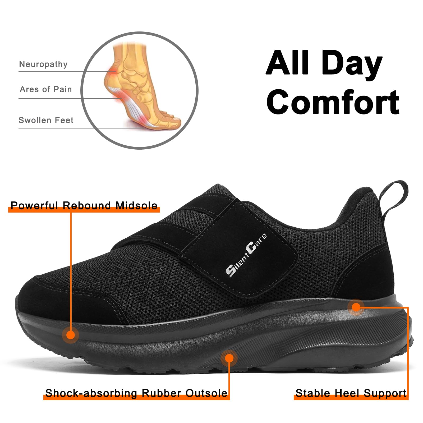 SILENTCARE Buty dla diabetyków dla mężczyzn, szerokie palce, wsuwane, dla opuchniętych stóp, regulowane buty do chodzenia dla osób starszych łagodzące ból stóp, neuropatia