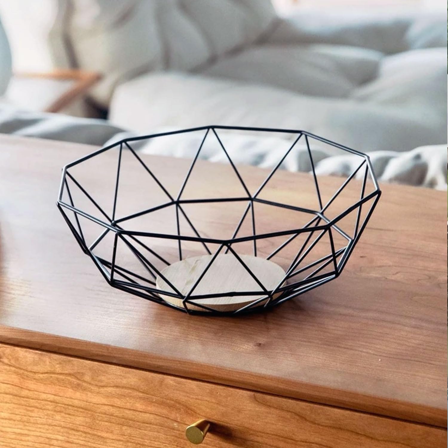 ARIATI 2 x Black Metal Wire Fruit Bowl with Bamboo Wooden Base - Stylish Storage Basket for Fresh Fruits and Vegetables