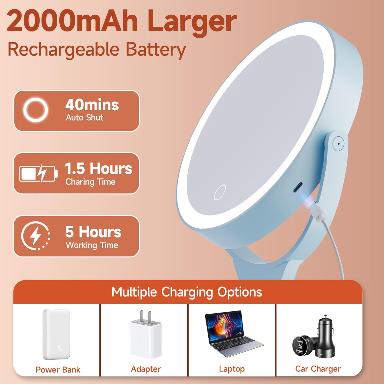 Hasipu Portable Travel Makeup Mirror with Lights – 360° Rotating with 1X/10X Magnifying, Rechargeable Tabletop Handhold Hanging 3 in 1 Mirror (Blue)