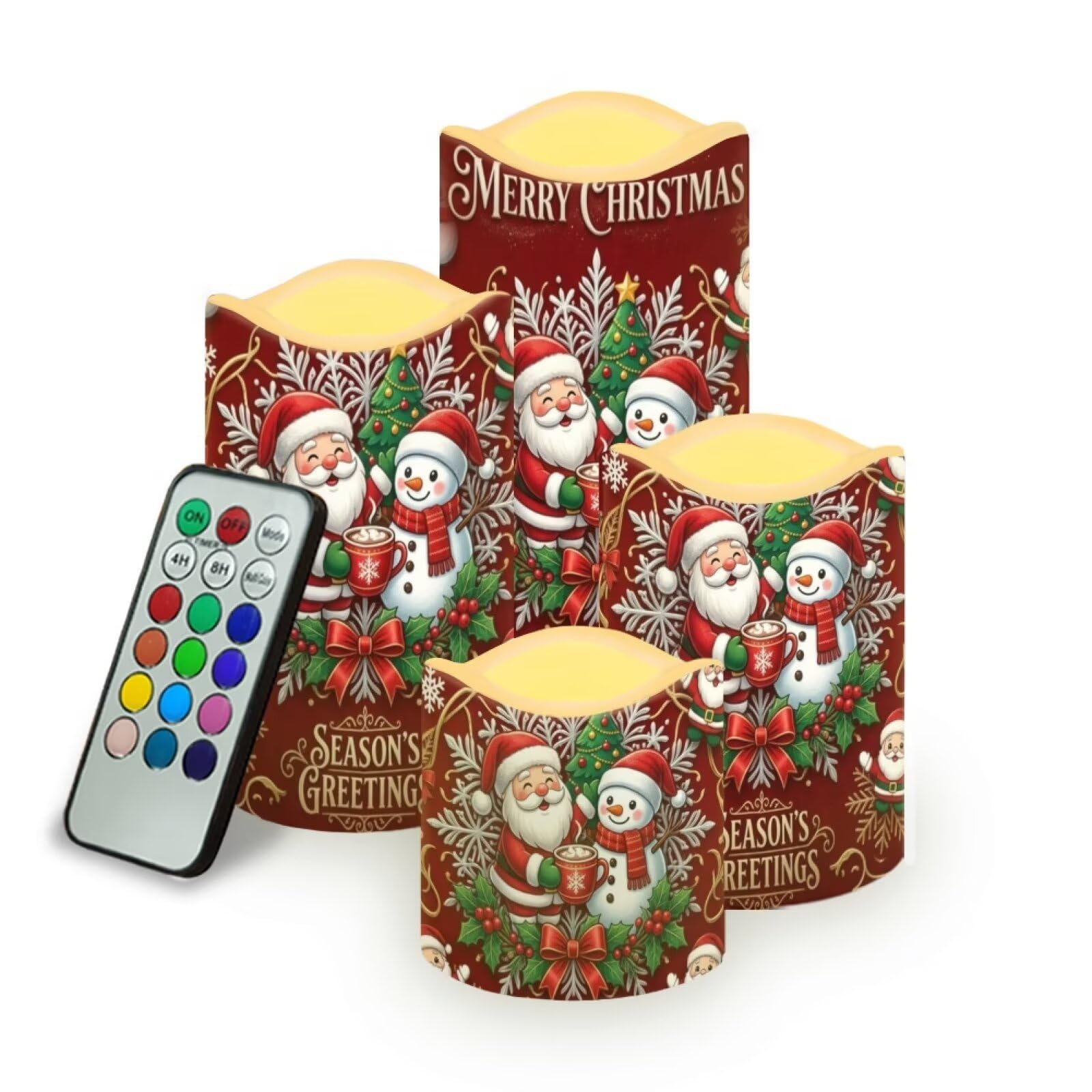 Santa Christmas Color Changing Flameless LED Candles Set of 4 | Snowman Xmas Battery Operated Fake Candles, with Remote Control, Flickering Flame for Home Holiday Party Centerpiece Decor