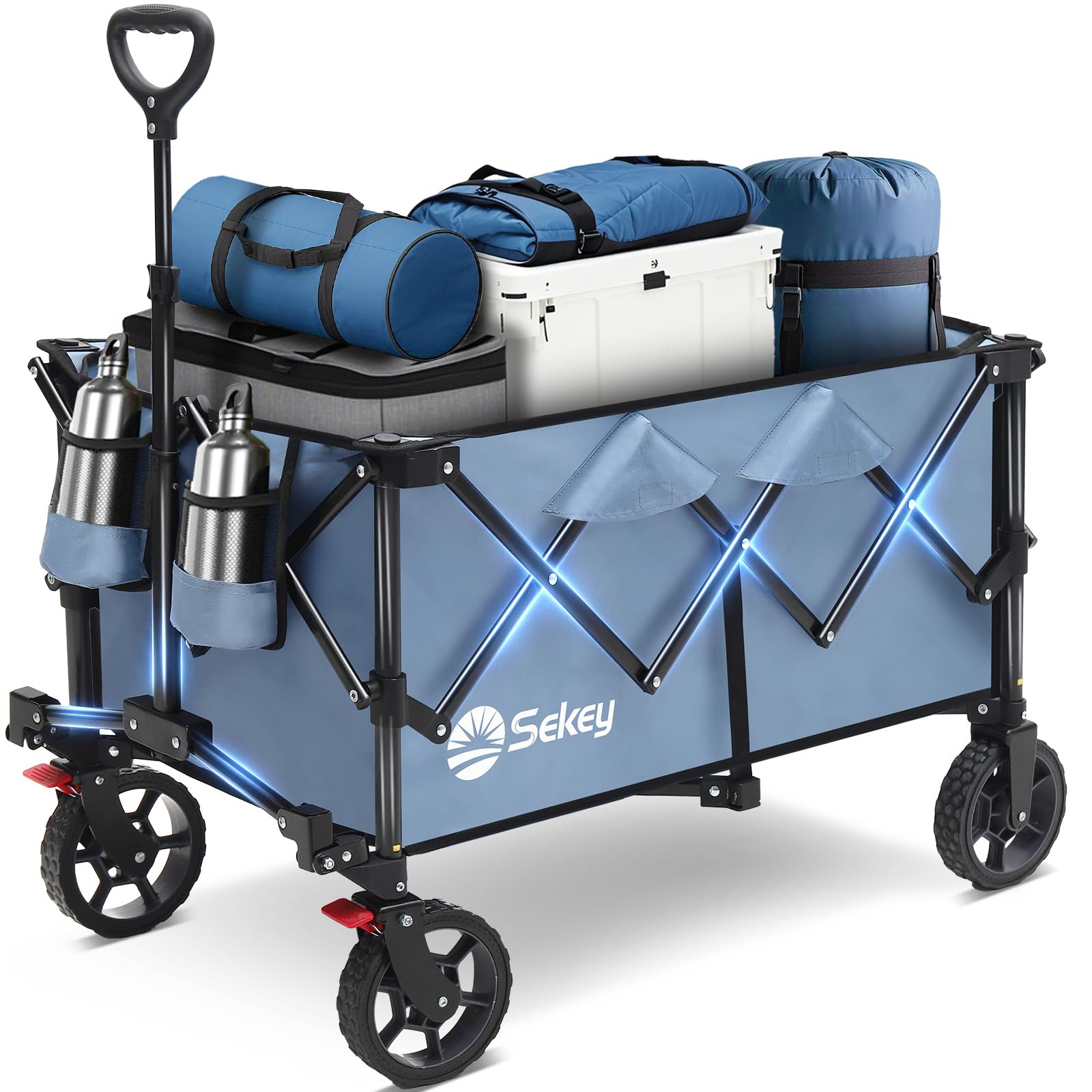 Collapsible Foldable Wagon with 330lbs Weight Capacity, Heavy Duty Folding Wagon Cart with Big All-Terrain Wheels & Drink Holders. Blue