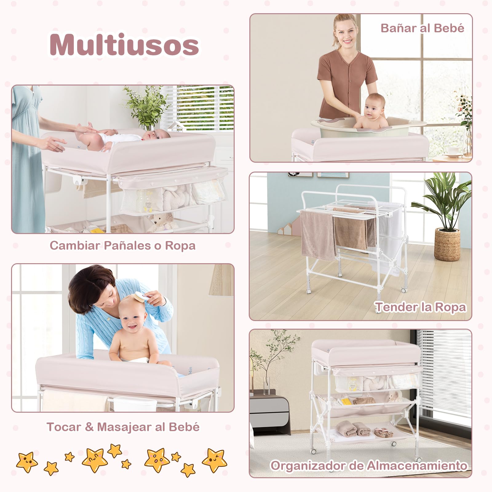 COSTWAY Cambiador Bebé Plegable con Ruedas Bloqueables, Cambiador Portátil Impermeable con 3 Alturas Ajustables, 2 Estantes y Bote de Basura, Cesta de Almacenamiento (Beige)