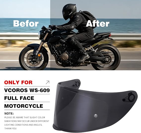 VCOROS WS609 Motorcycle Helmets Visor Shield Replacement Accessories | Black,Impact-Resistant ,UV400 Protection,Tinted Face Shield for WS609,Helmet Accessories Replacement