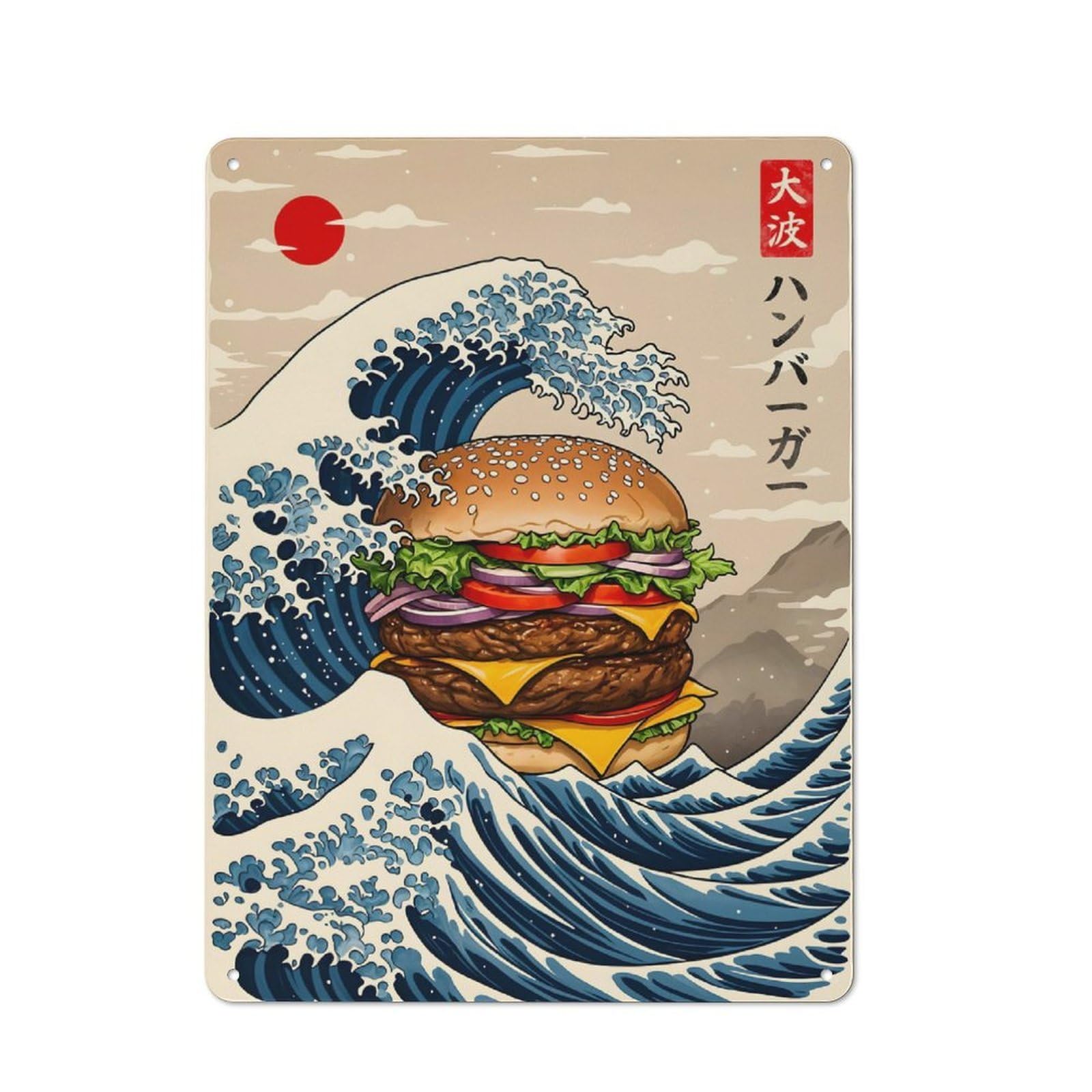 Junmoney Burger Great Wave Rustic Decorative Tin Sign 40X30cm, Cottage Wall Art For Cottage, Kitchen, Hallway Or Breakfast Nook