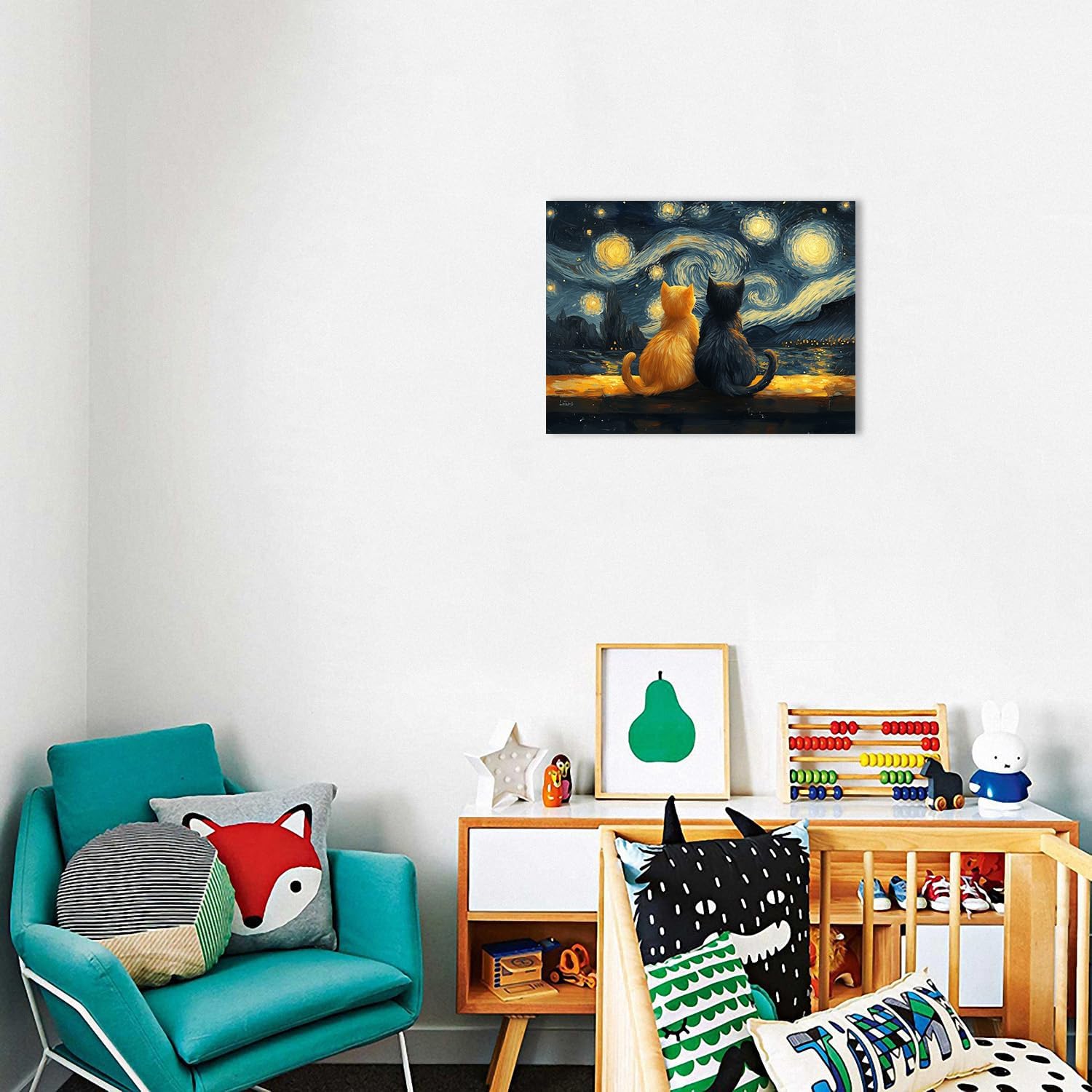 Ypxzzj Van Gogh Starry Night With Cats Canvas Wall Art,Night Starry Pictures Paintings Wall Decor, Animal Cat Artworks for Bedroom Living Room Wall Decor Framed Ready to Hang