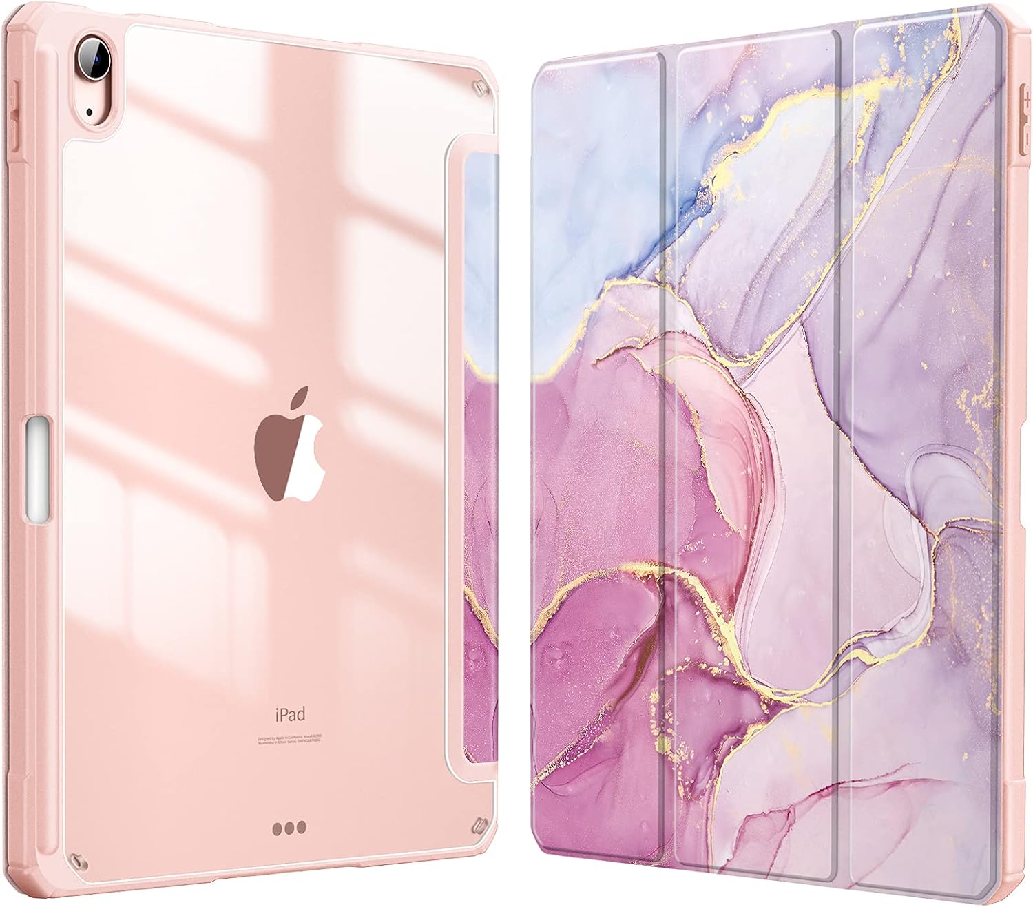 Fintie Hybrid Slim Case for iPad Air 5th Generation (2022) / iPad Air 4th Generation (2020) 10.9 Inch - [Built-in Pencil Holder] Shockproof Cover with Clear Transparent Back Shell, Dreamy Marble