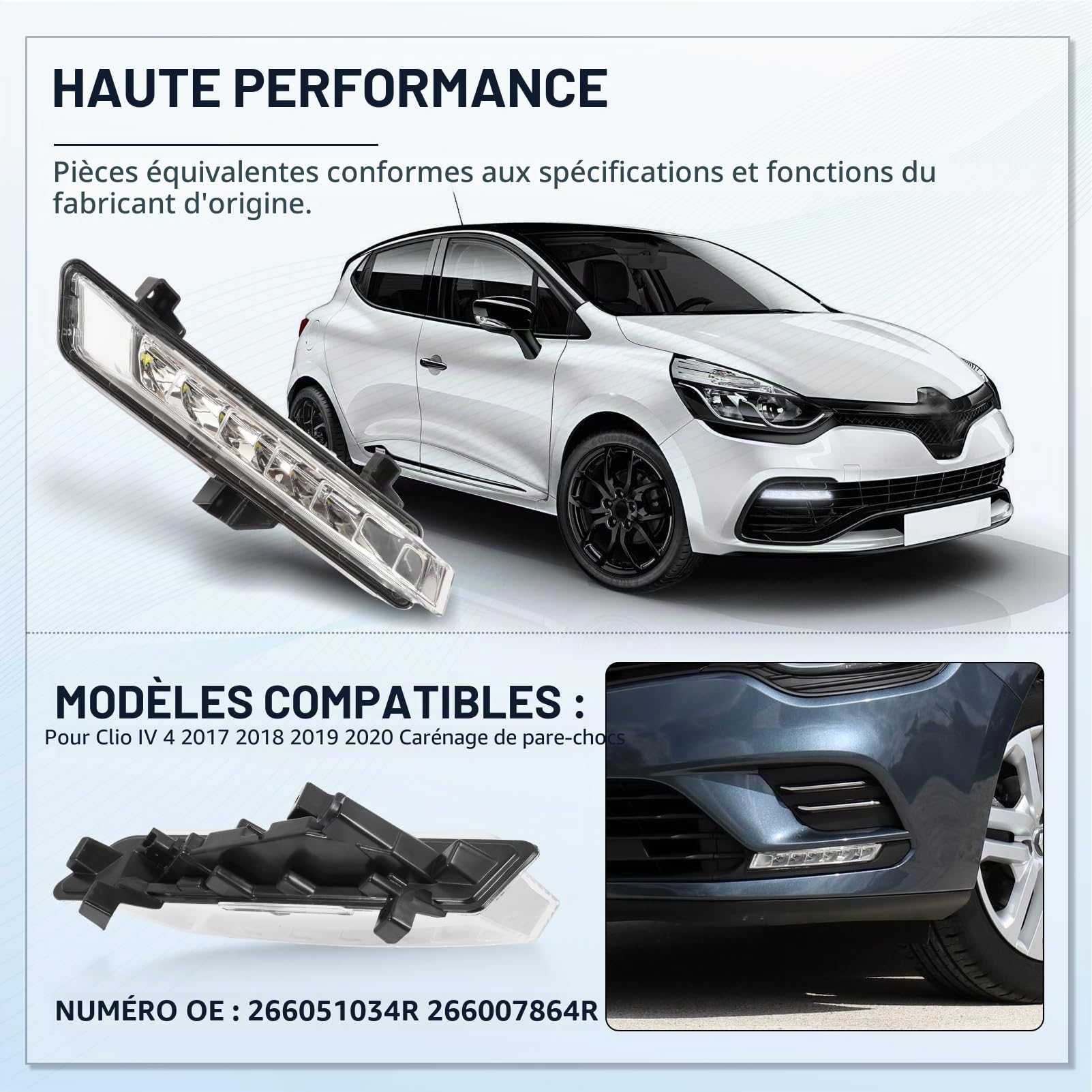 2 Feux Diurne pour Clio 4 IV 2017-2020 OE 266051034R 266007864R | Feux de Jour, Feu Circulation Diurne,Gauche + Droite,pour Clio IV 4, Polycarbonate