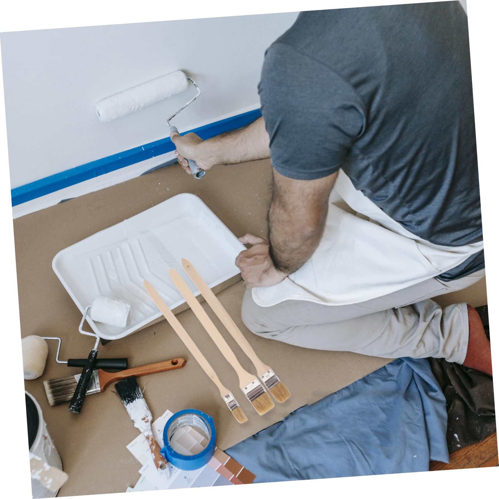 Pinceles Portátiles De Pintura con Mango De Madera Ergonómico Cerdas Plásticas Reutilizables para Paredes Y Muebles Cepillos Artísticos Cabezal Curvado para 3 Piezas X 4