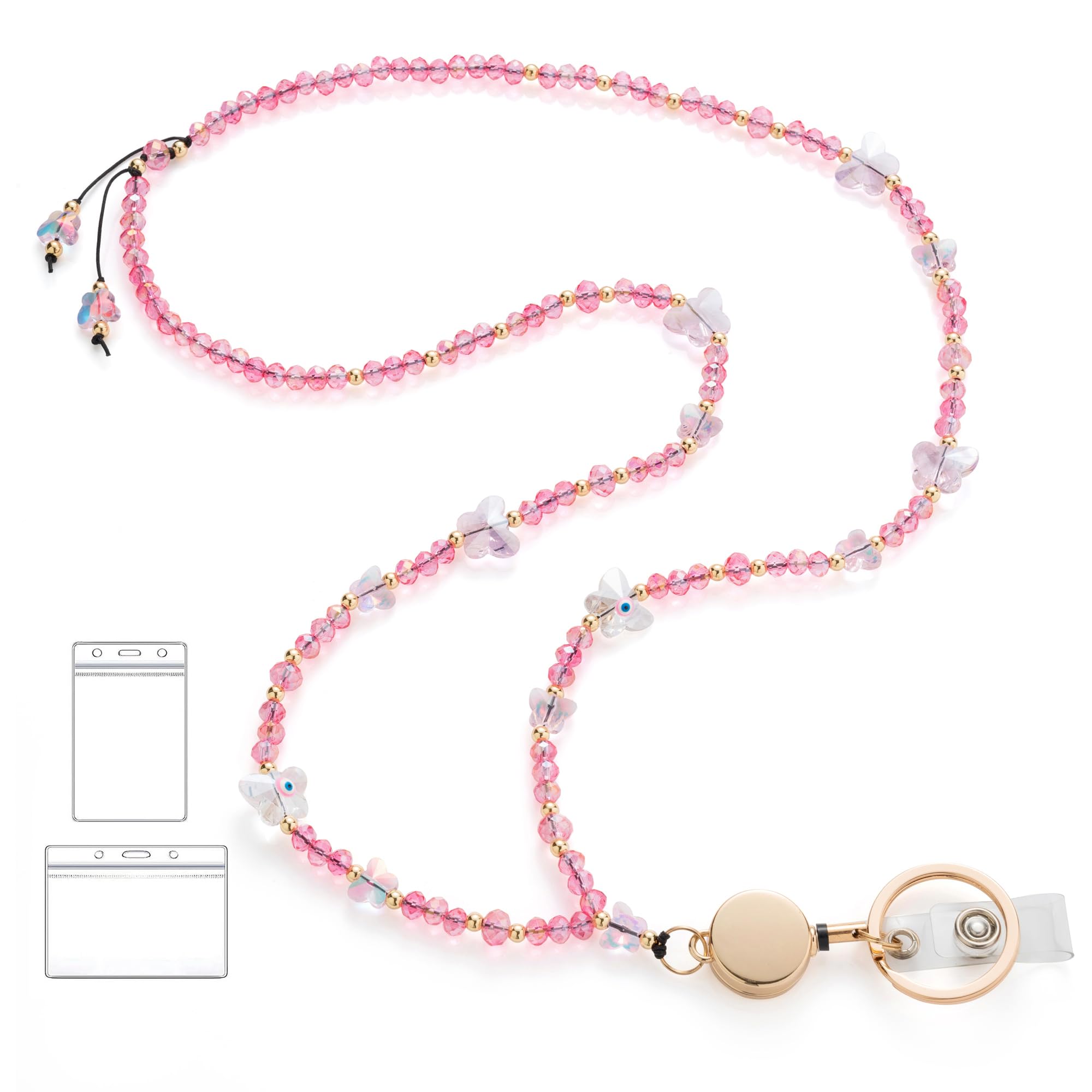 BettDecor Lanyard for ID Badges and Keys, Butterfly Crystal Beaded Retractable Lanyards for Women and Teachers, Cute Key and ID Lanyard (Pink)