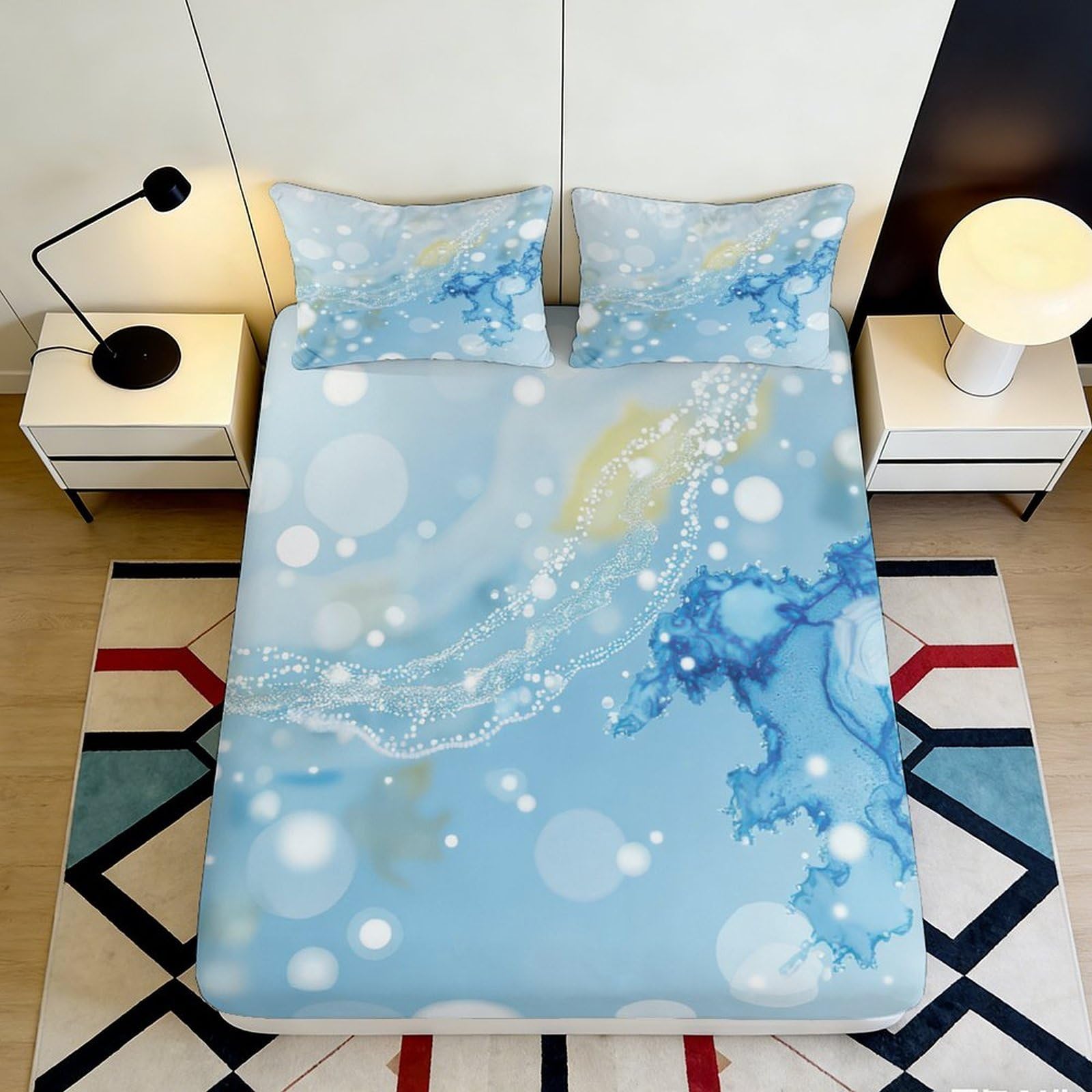 3D Printed Blue Watercolor Bubble Fitted Sheet Microfiber Soft Mattress Cover for Bedroom Dorm Artistic Bed Decor 120x200x25cm