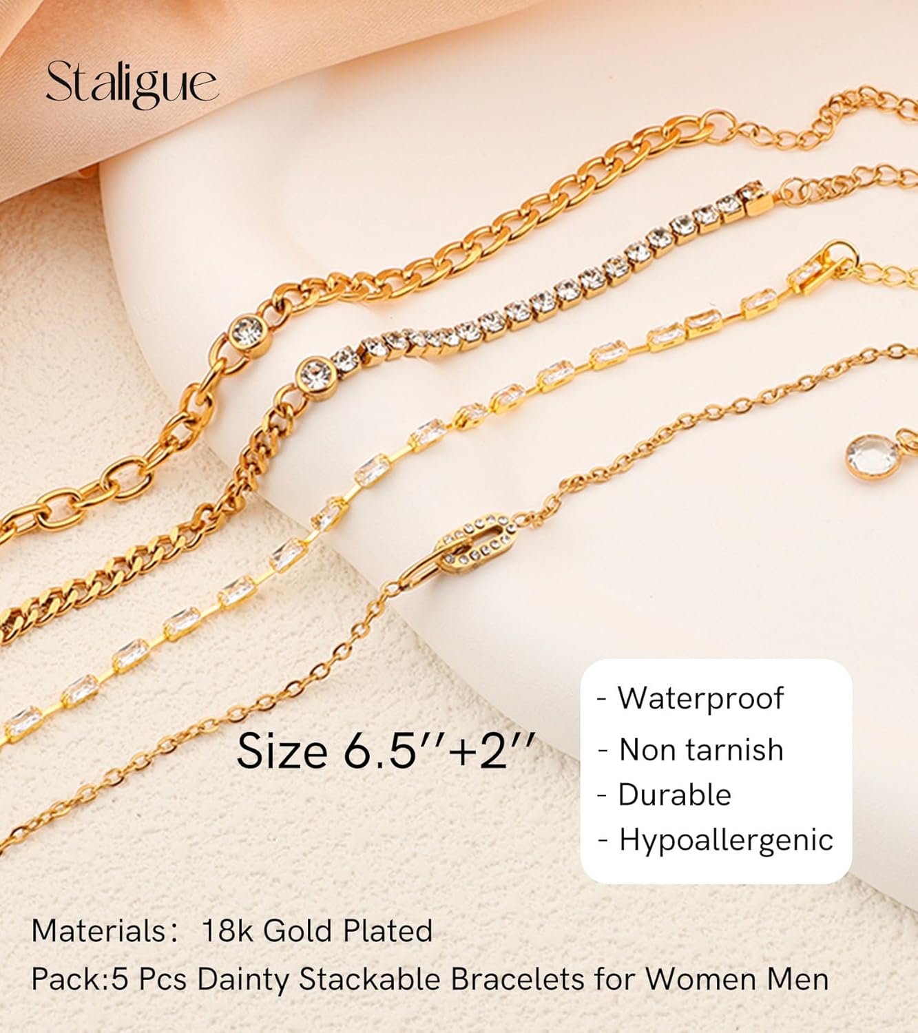 Staligue Gold Bracelets for Women,Waterproof Gold Bracelet Stack Set Dainty 18k Gold Plated Layered Gold Paperclip Link Tennis Chain Bracelet Pack Gifts for Women Girls Adjustable 6.5"+2" - Image 2