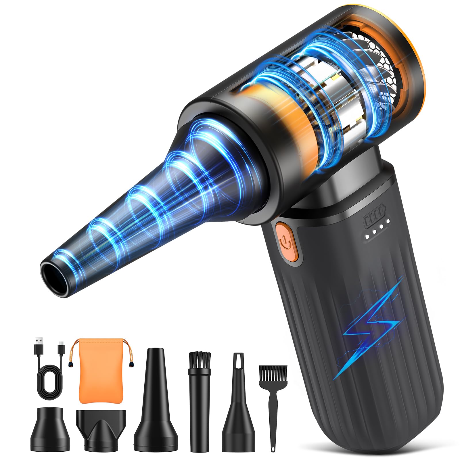 Kotopa Souffleur Air Comprimé, 3 Vitesses 200000 RPM, Mini Souffleur Sans Fil Puissant avec Batterie 8000 mAh, Adapté au Nettoyage des Ordinateurs, Claviers, Automobile et Extérieur (noir)