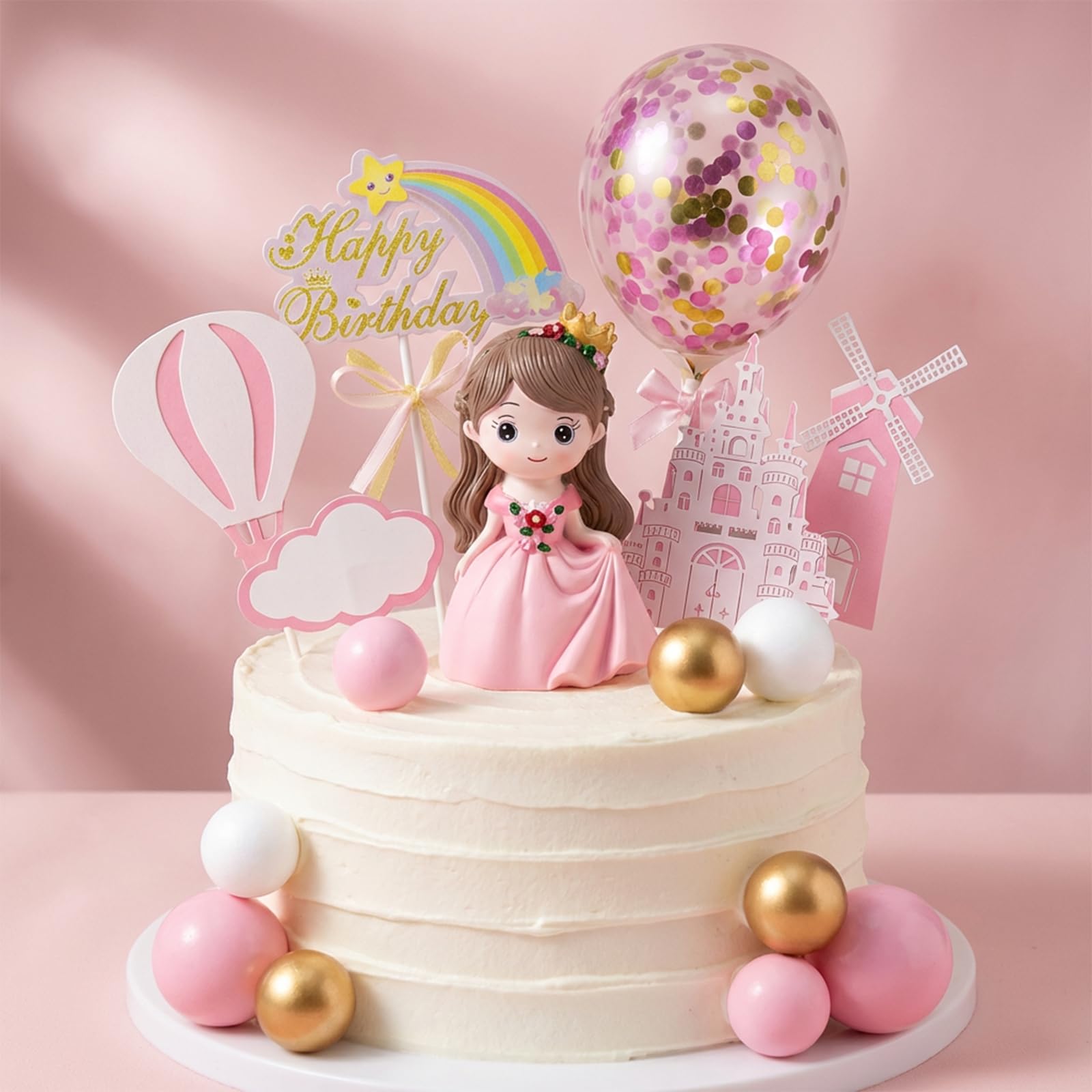 14pc Princess Cake Toppers Set with Foam Balls & Paper Inserts - Elegant Birthday Party Decorations for Women, Pink & White Castle Themed Cake Decor