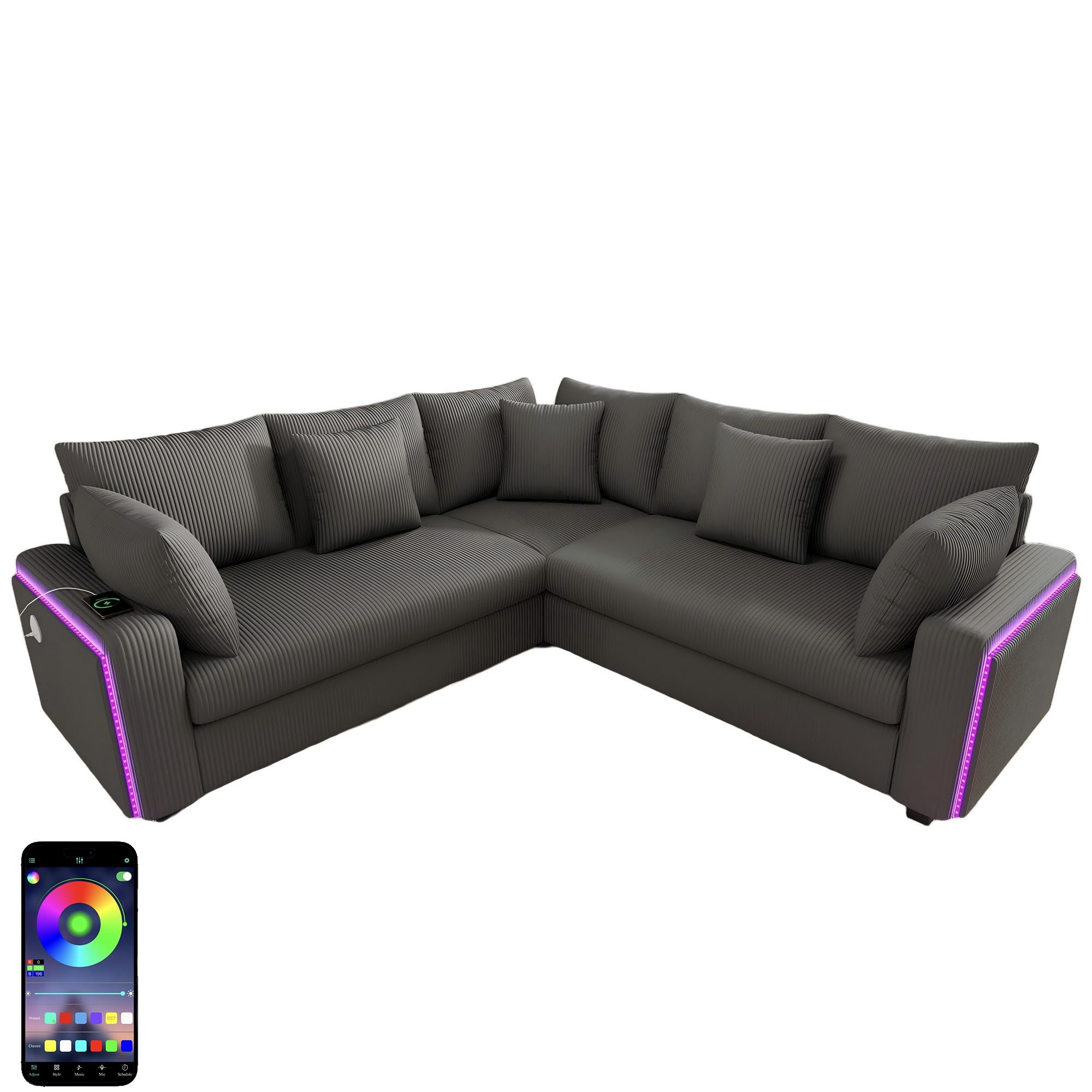 Azkoeesy Divano angolare a 5 posti con LED, USB, 5 cuscini, Grigio