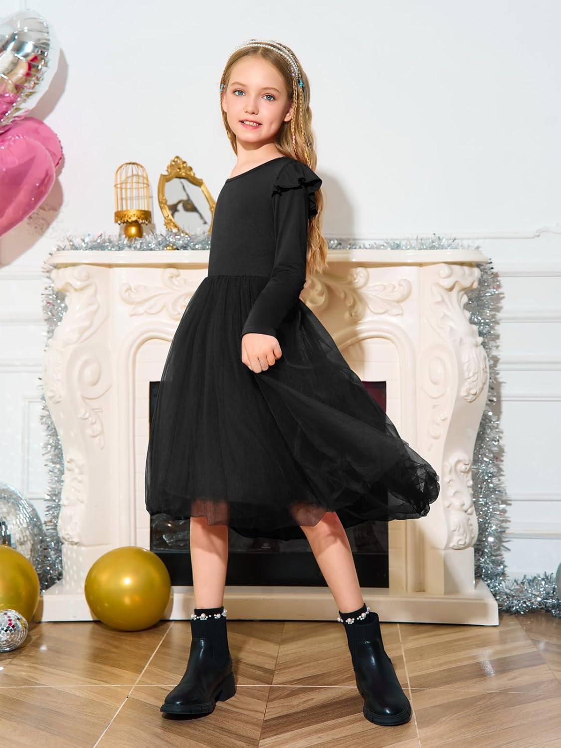 Haloumoning Girls Tutu Dresses Kids Cute Tulle Fall Ruffle Long Sleeve High Low Hem Dress 5-14 Years - Image 3
