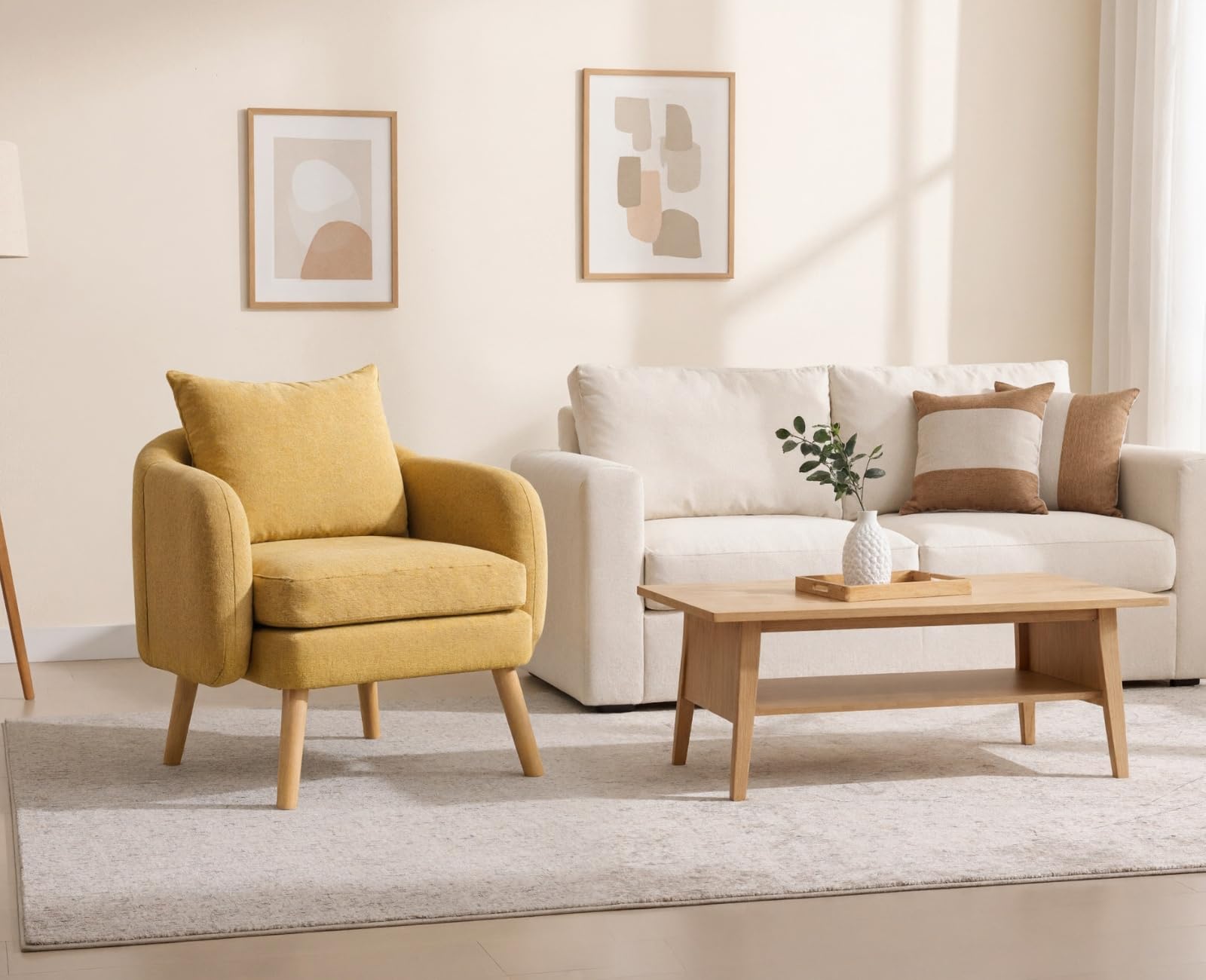 Ya-Home Poltrona Imbottita Poltroncina in Tessuto Poltrona Salotto Moderna con Gambe in Legno Sedia da Salotto con Braccioli per Soggiorno/Camera da Letto, Giallo
