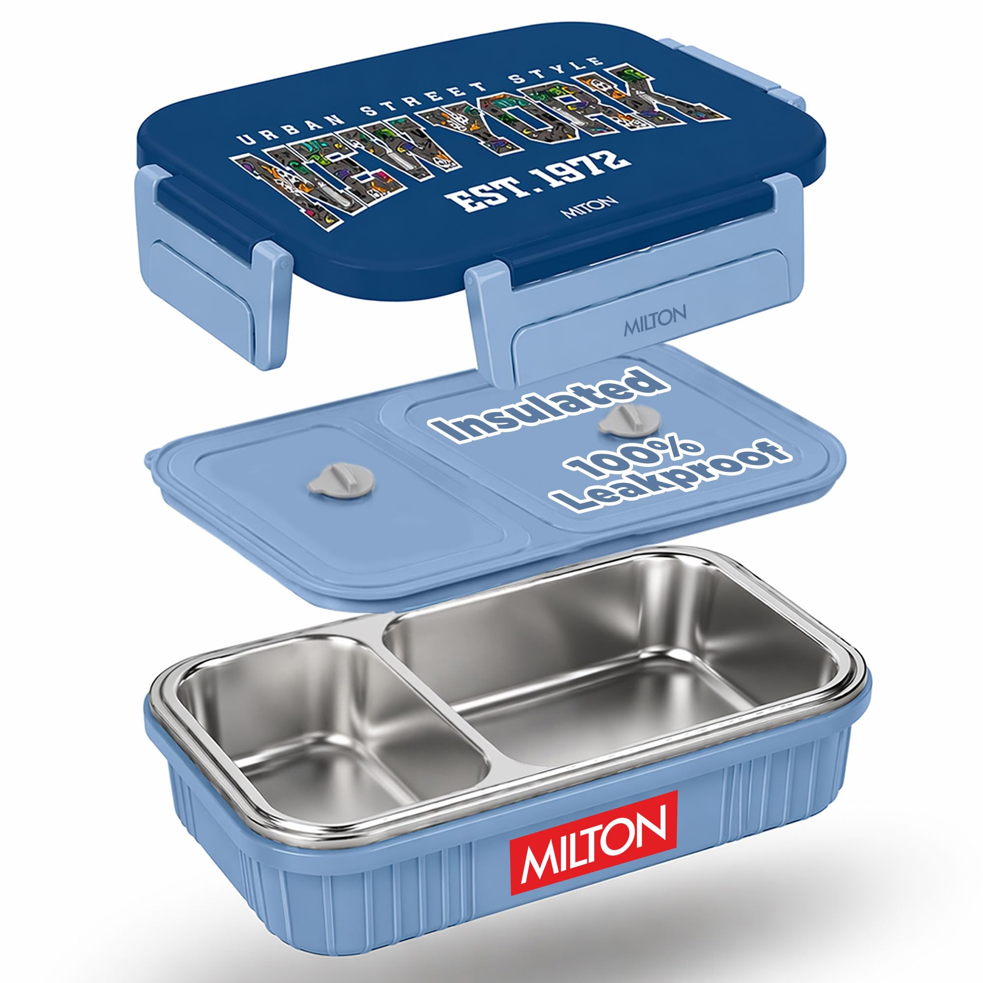 MILTON Meal Safe 2 Inner Stainless Steel Tiffin Box for School with Steam Release Plug | PU Insulated, Leak-Proof, Food Grade I Lunch Box for Kids Boys, Girls with Snap Lock Lid, 465 ml, Light Blue