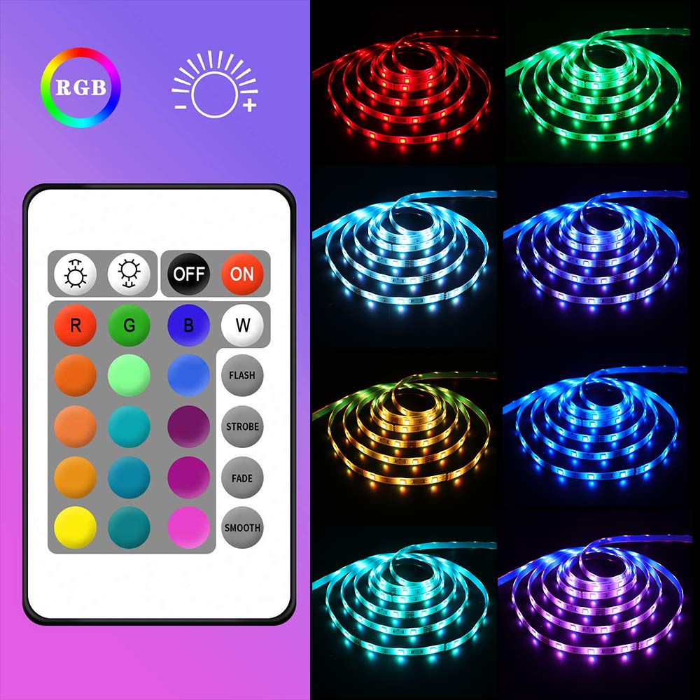 XUNATA Kit de tiras de LED RGB de 12V- Tira de luz autoadhesiva SMD 2835 30LEDs/m, Control Remoto 24 teclas, Fuente de alimentación de la UE (20m, Impermeable)