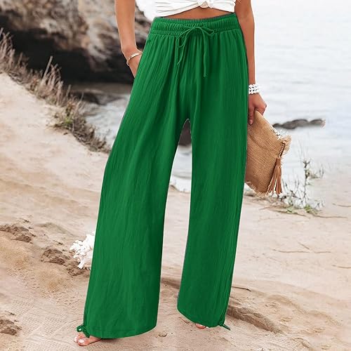 Miniatura 4 de SHAOBGE Pantalones palazzo de verano para mujer, cintura alta, pierna ancha, casual, cintura elástica, pantalones de playa con bolsillos