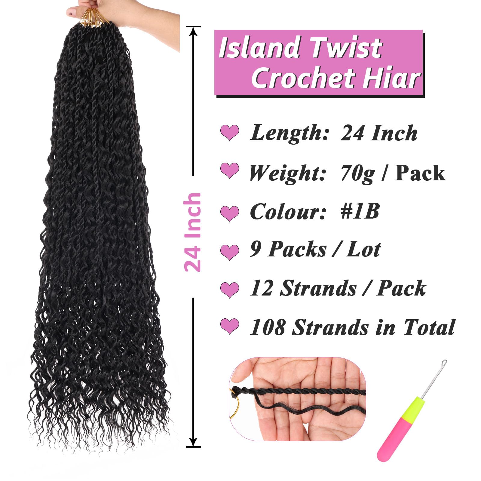 Samtress 24 Inch Boho Senegalese Twist Crochet Hair with Curly Ends 9 Packs Pre-Looped Boho Island Twist Crochet Braids with Curls Bohemian Natural Black Goddess Senegalese Twist Braids for Women(#1B) - Image 2