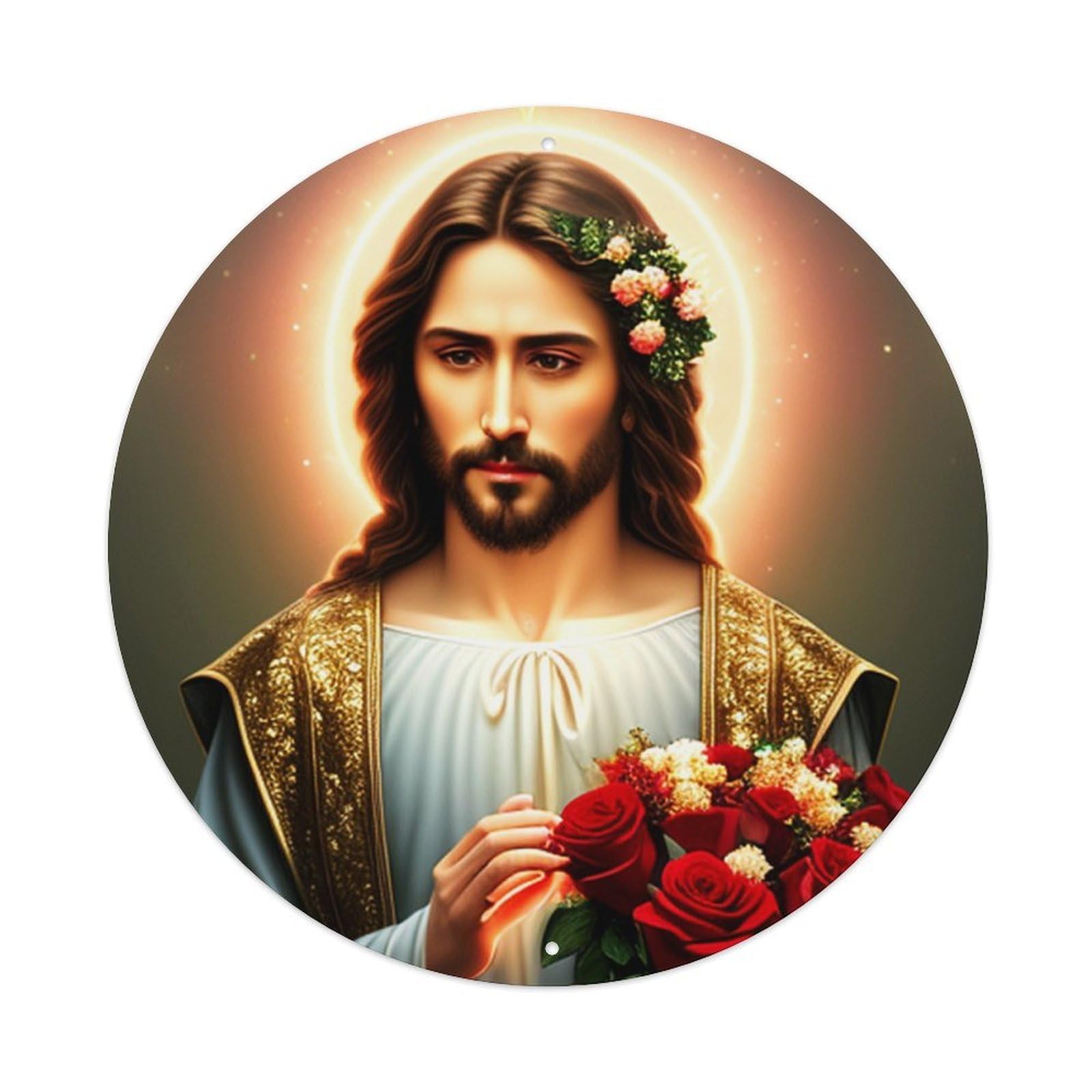 Jesus with The Flowers Religious Poster Vintage Metal Tin Sign Plaque Wall Decor for Cafe, Club, Garden Round Metal Poster 8x8Inch