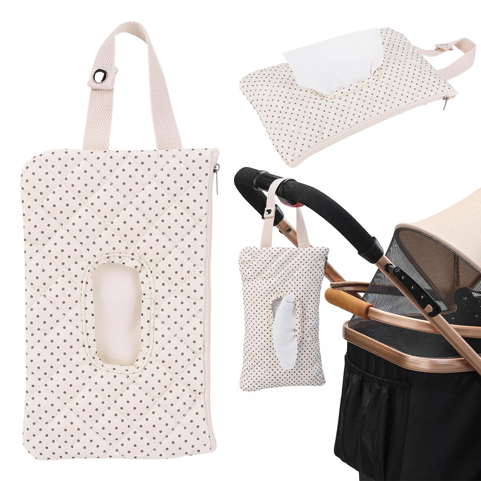 Quilted Baby Wipe Holder, Canvas Floral Quilted Pouch with Hanging Strap, Portable Diaper Wipe Holder for Travel Stroller-Polka Dots - 2