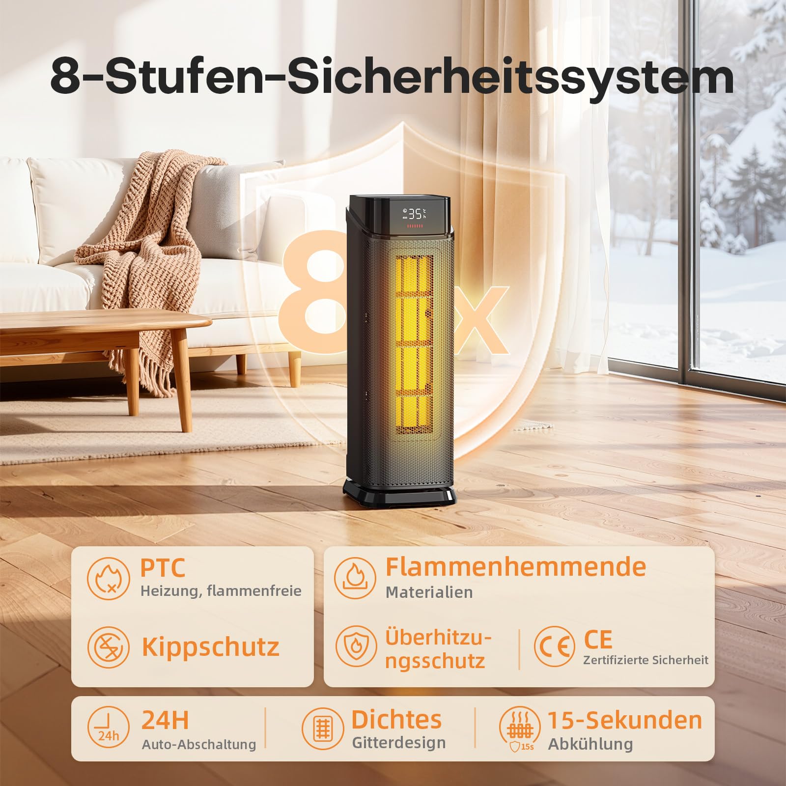 PTC Heizlüfter für Zuhause, Überhitzungs Kippschutz, Schwarz, 2000W | Thermostat und 90° Oszillation, Fernbedienung und 24-Stunden-Timer, ECO-Modus, leise 37 dB, Aufheizen in 2 Sekunden
