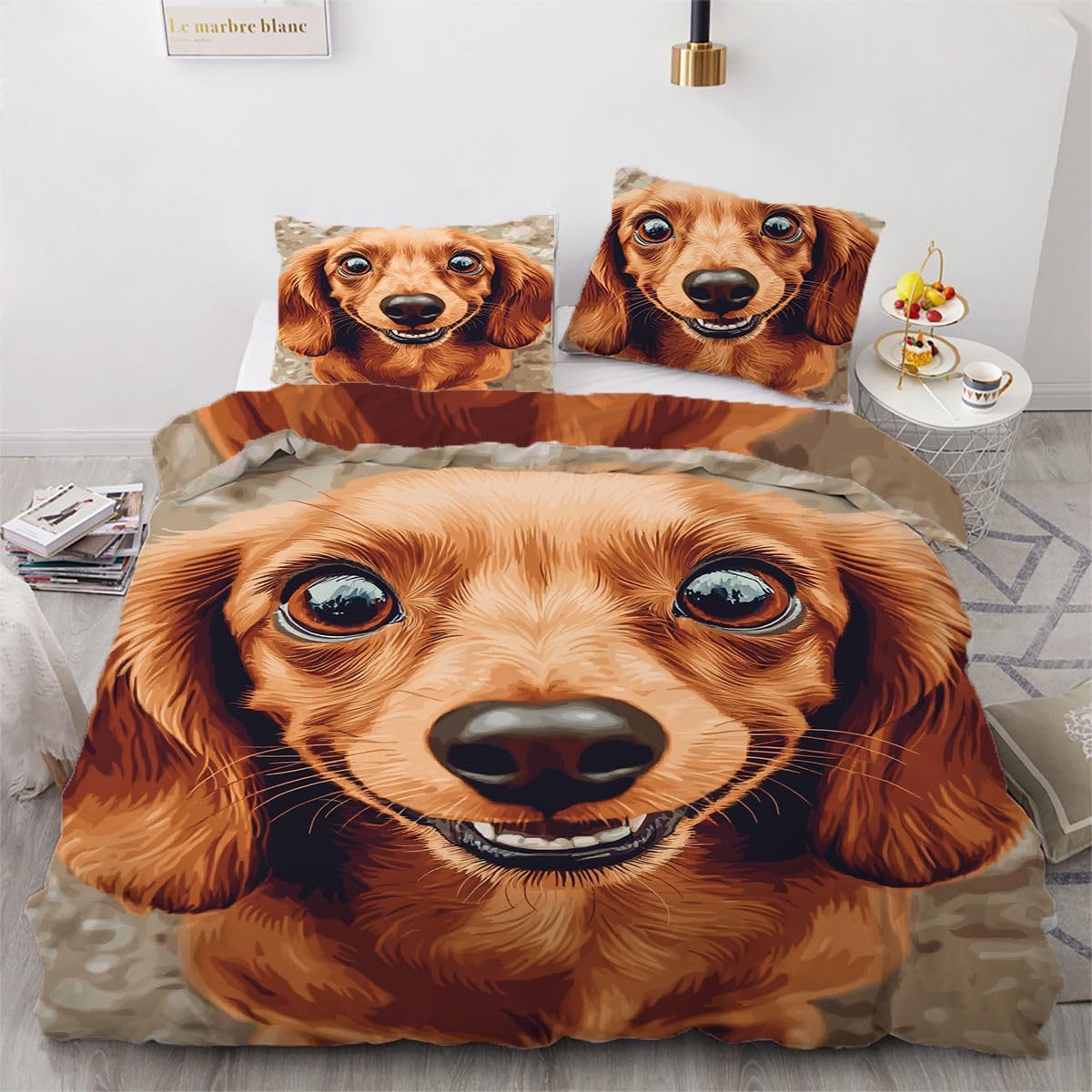 NDXRWDZR Single Bedding Set Brown Dachshund Duvet Cover for Kids Soft Hypoallergenic Microfiber Duvet Cover with Zipper Closure, 1 Duvet Cover 135x200 cm + 2 Pillowcases 50x75 cm