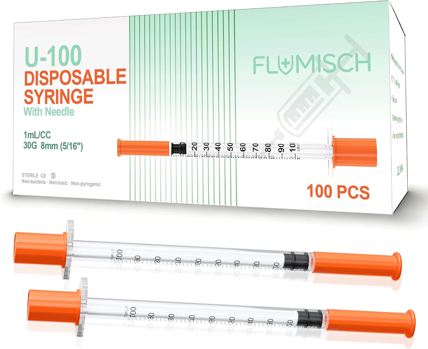 FluMisch 1cc U-100 Syringe with 5/16"(8mm) 30 Gauge Needle, Bold Dosing Marks, Disposable, Box of 30
