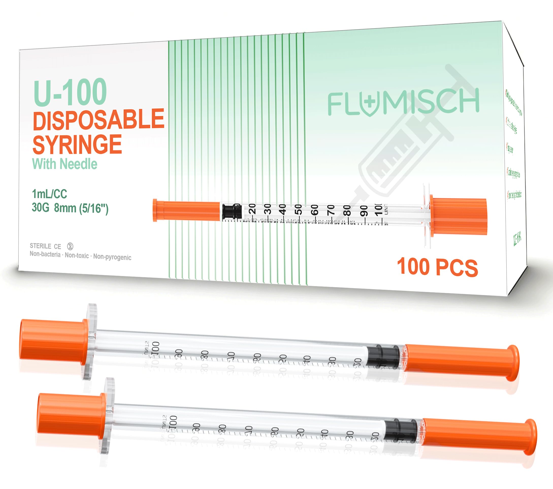 FluMisch 1cc U-100 Syringes with 5/16"(8mm) 30 Gauge Needle, -1 FluMisch 1cc U-100 Syringes with 5/16"(8mm) 30 Gauge Needle, -1