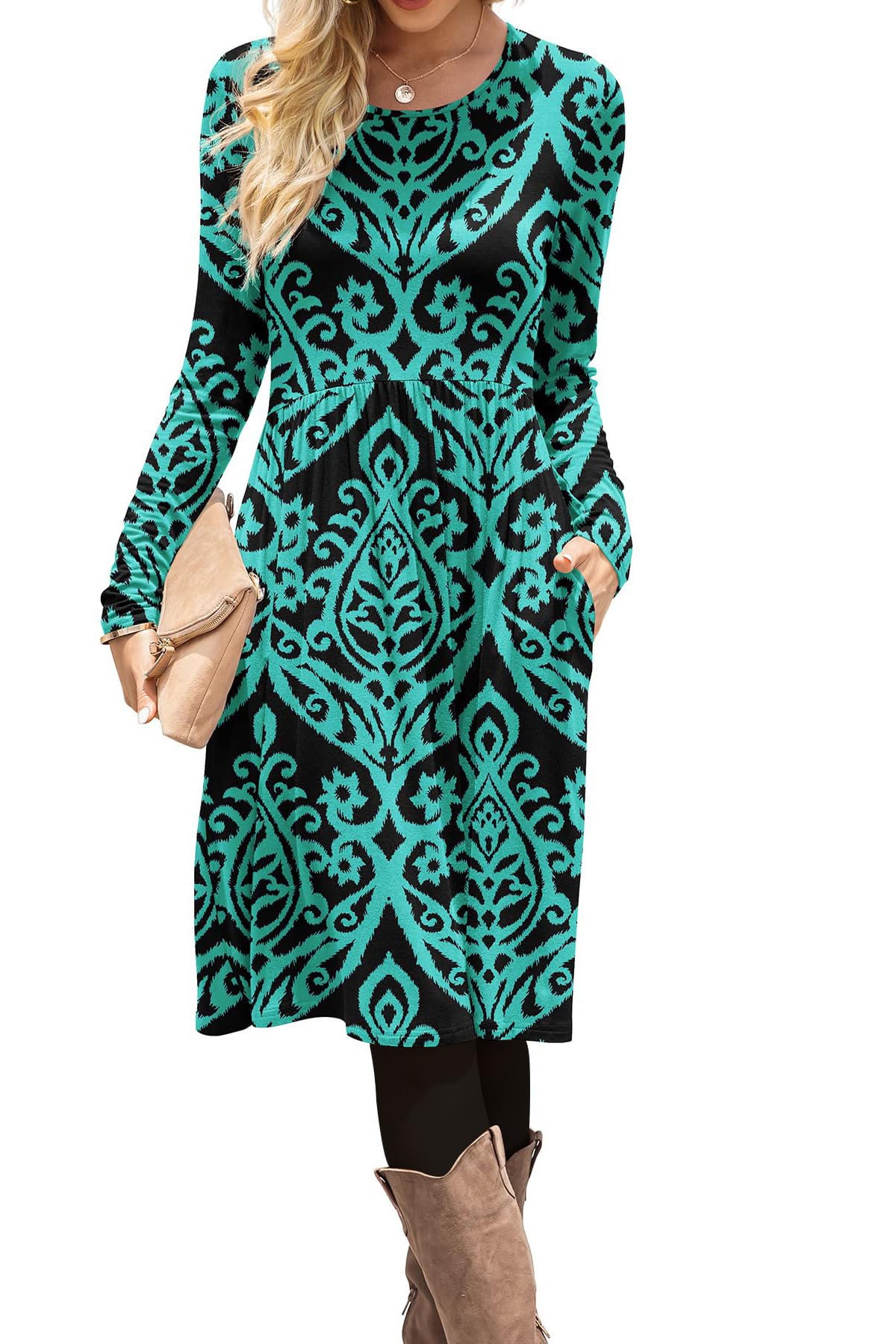 DB MOON Women Casual Long Sleeve Dresses Empire Waist Knee Length Loose Dress with Pockets