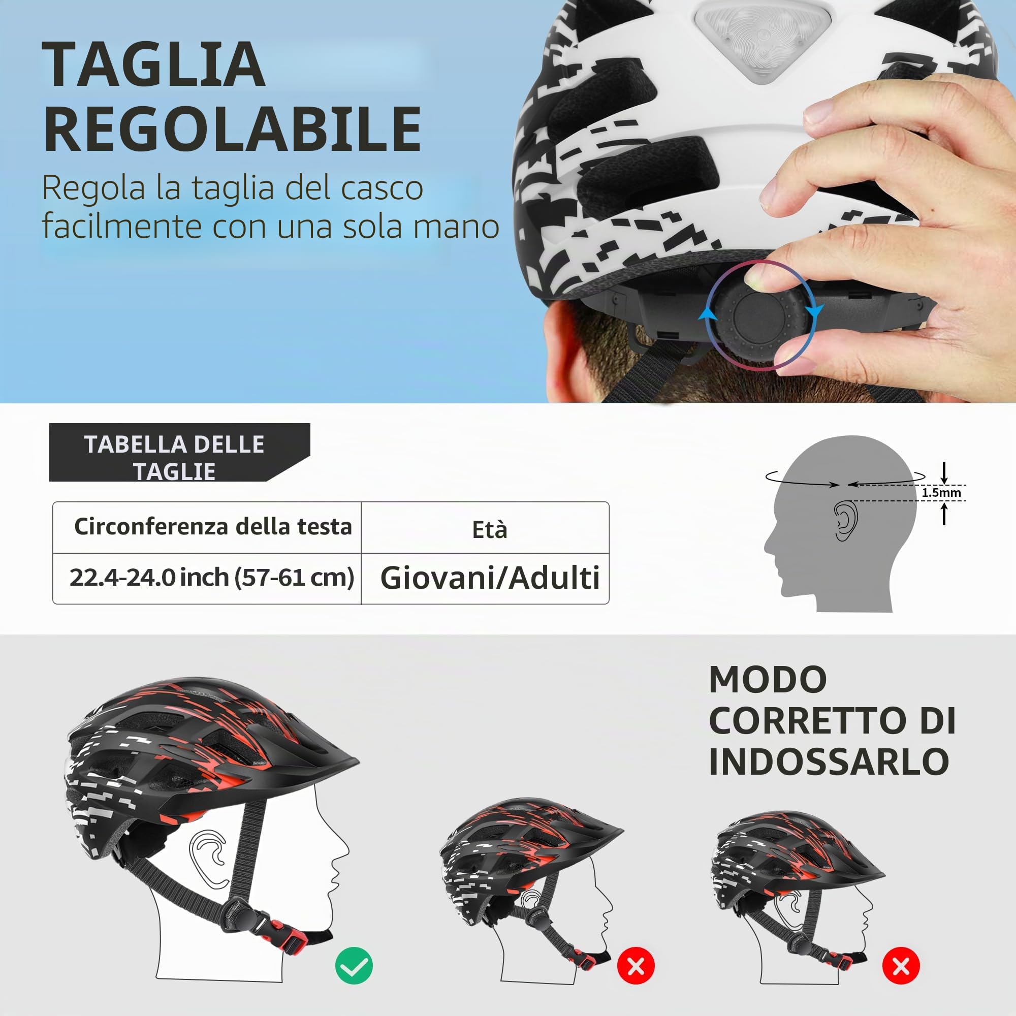 Casco da bicicletta, 21 prese d'aria, casco da ciclismo per adulti, casco da mountain bike e da strada, per uomo e donna, misura regolabile 57-61 cm