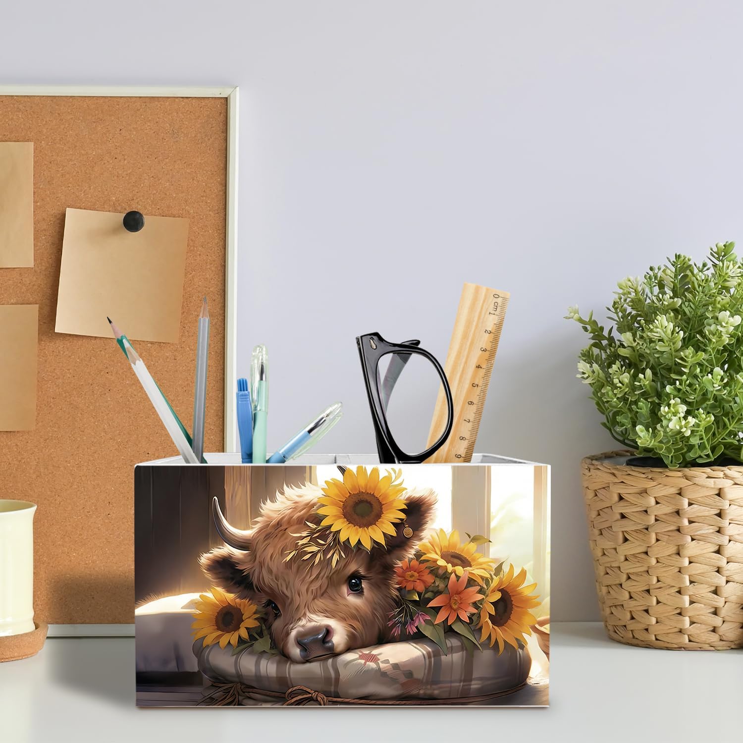 Sunflower Highland Cow Pen Holder for Desk, Highland Cow Lover Gifts Pencil Organizer, Cottagecore Wildflower Heifer Wooden Box Sign Desk Decor for Farmhouse Home Office Decoration image 3