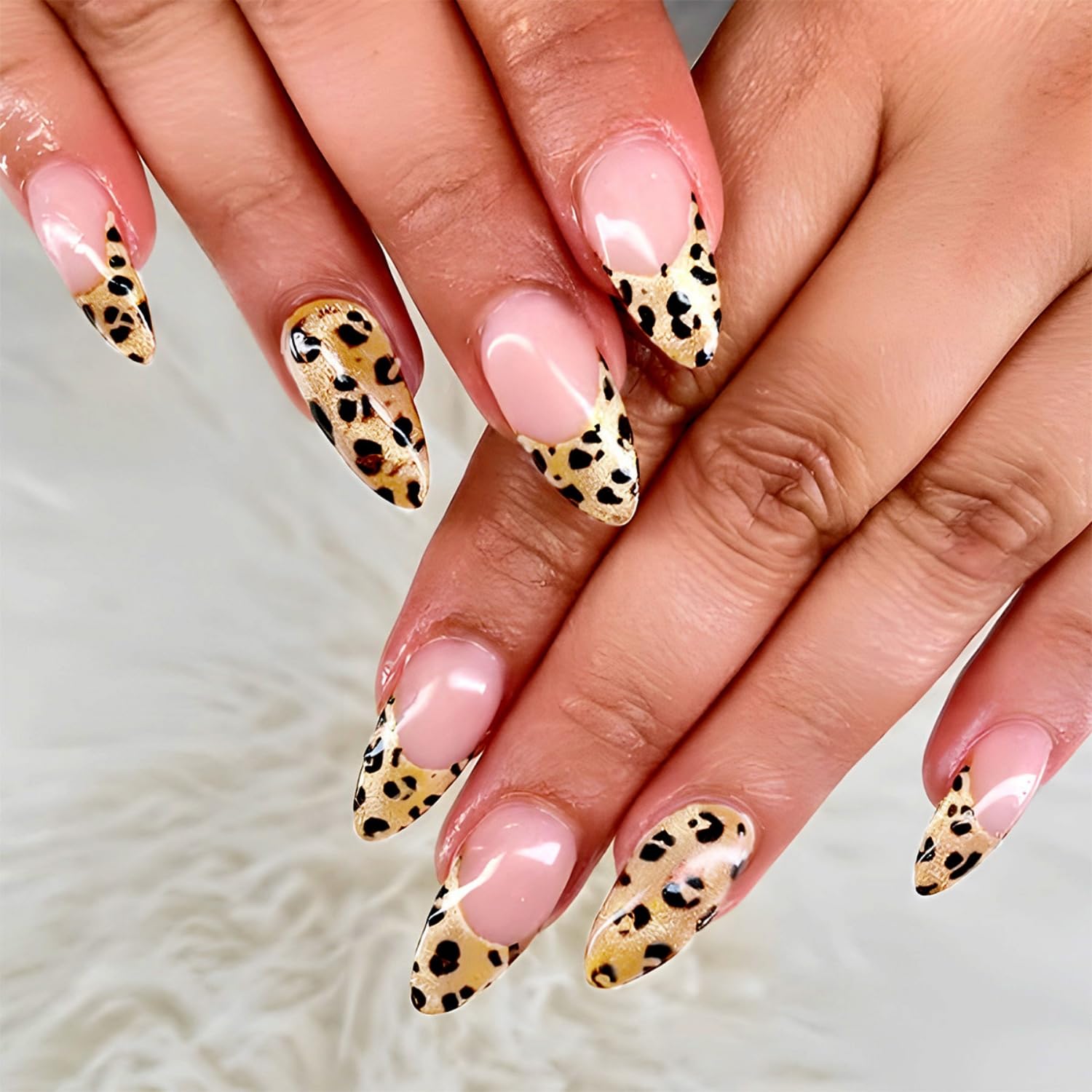 Medium Almond Press on Nails Fake Nails French Tip with Leopard Glitter Design Full Cover Glossy Glue on Nails Acrylic False Nails for Women Girls 24