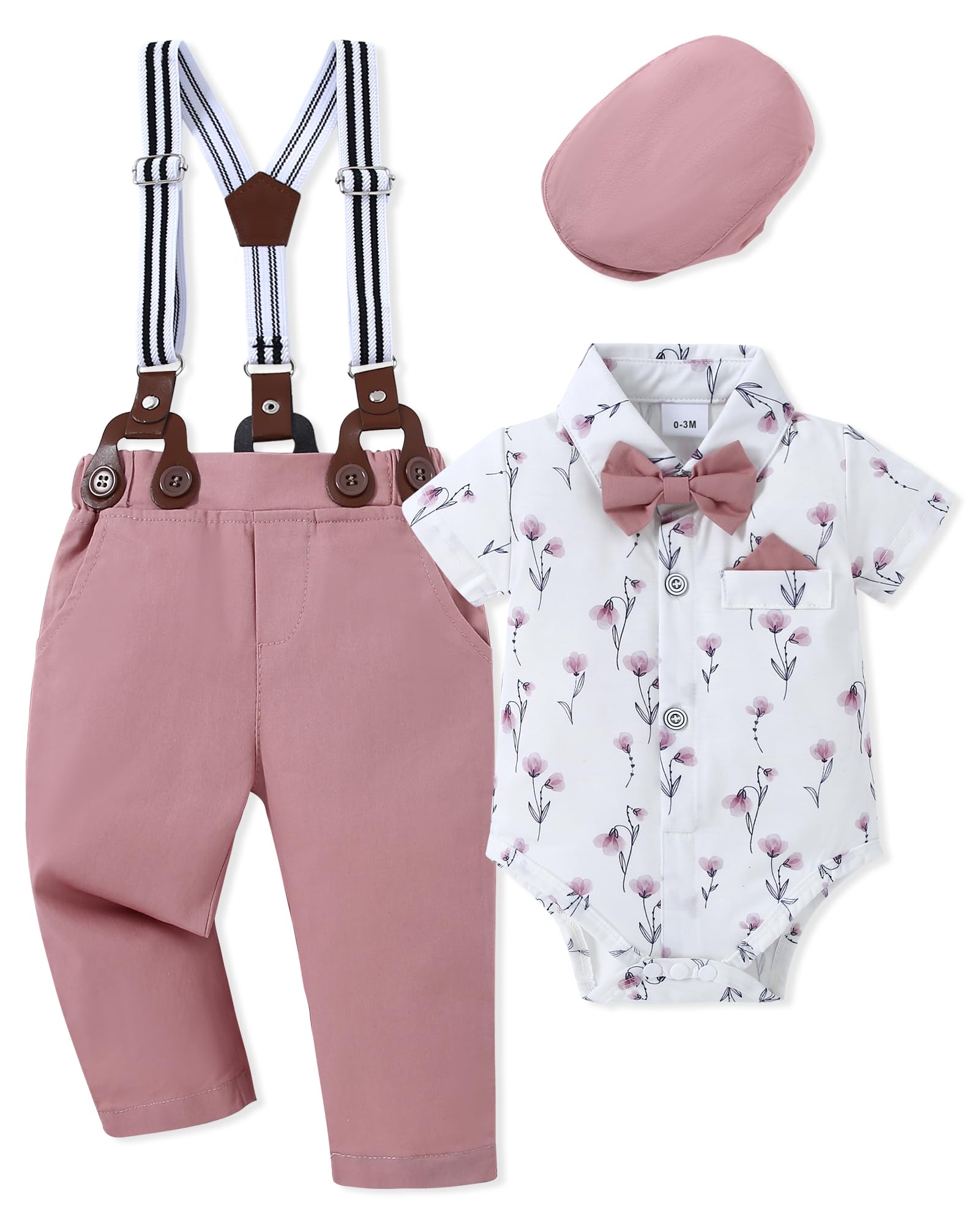 WESIDOMBaby Boy Clothes 0-18M Newborn Infant Gentleman Outfit, Shirt+Bowtie+Beret+Suspender Pant Baby boy Suit Clothing Set
