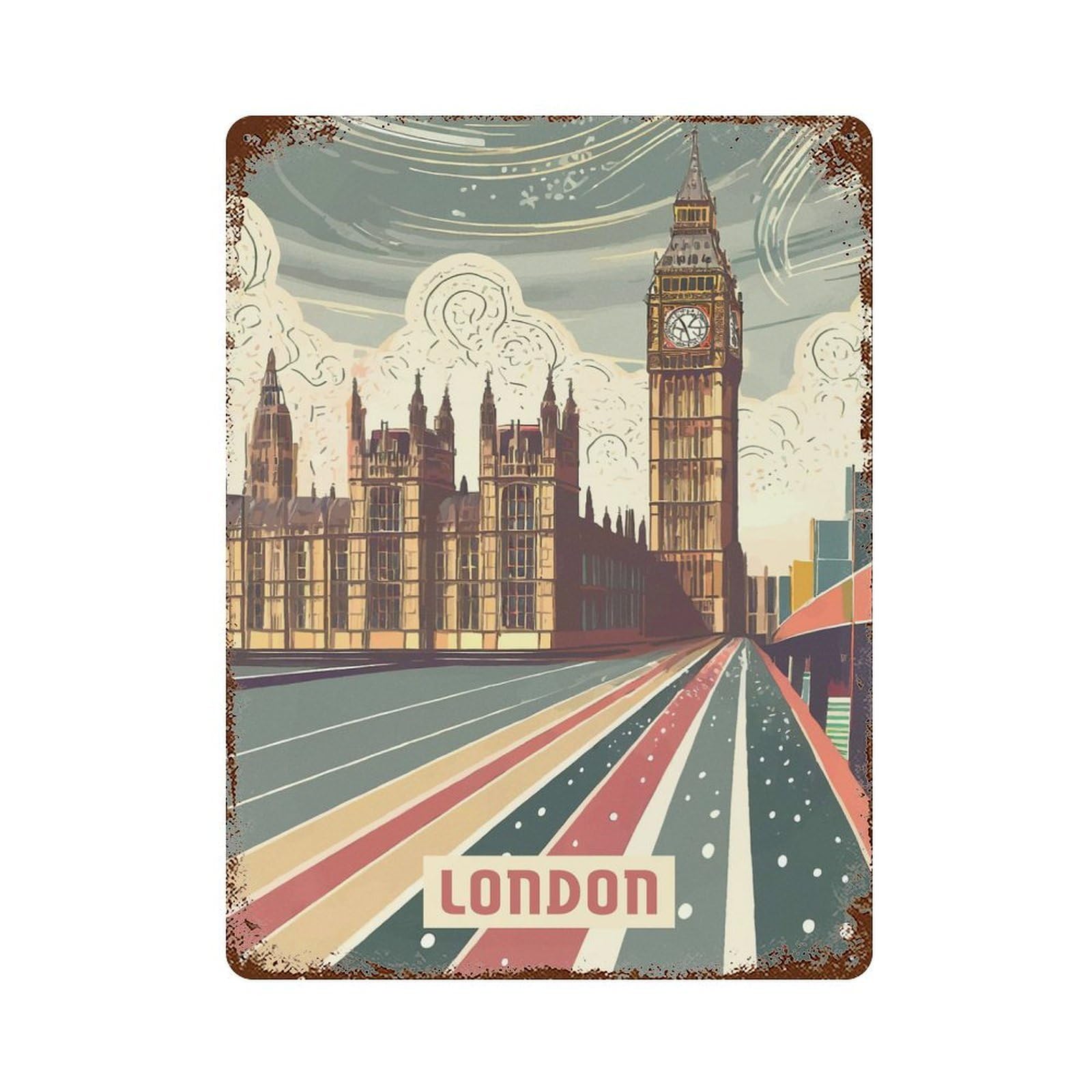 Aged Metal Wall Plaque with London Design 15.7"x11.8", for Cafe, Home Bar And Lounge Decor, Novelty Wall Decor