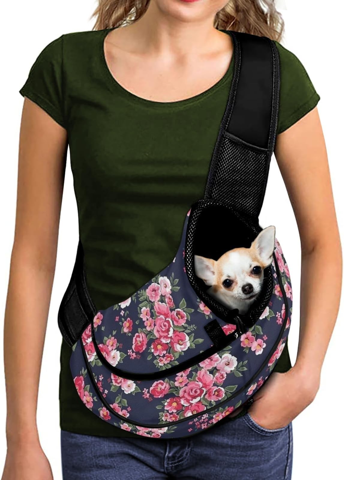 FUSURIRE Pink Flower Printed Pet Sling Carrier for Small Dogs and Cats,Floral Puppy Carrier Front Backpack with Adjustable Strap Breathable Travel Bag Mesh Outdoor Dog Carrier Front Pack